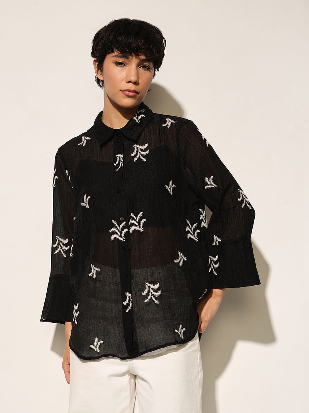 Black Embroidered Sheer Oversized Shirt