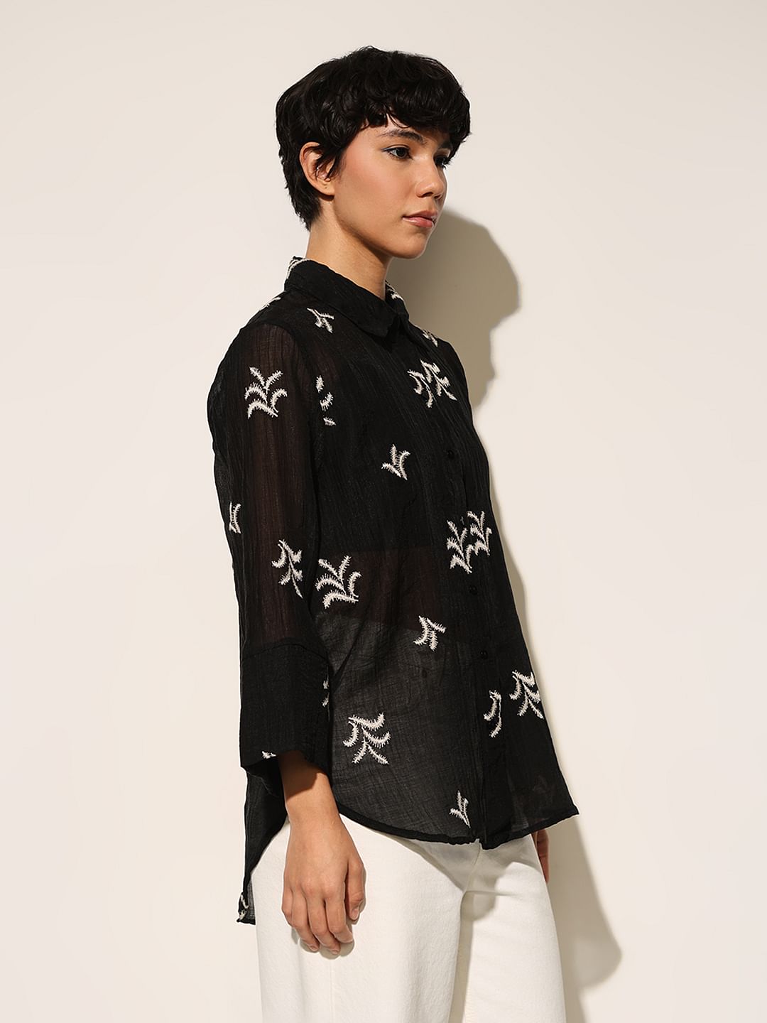 Black Embroidered Sheer Oversized Shirt