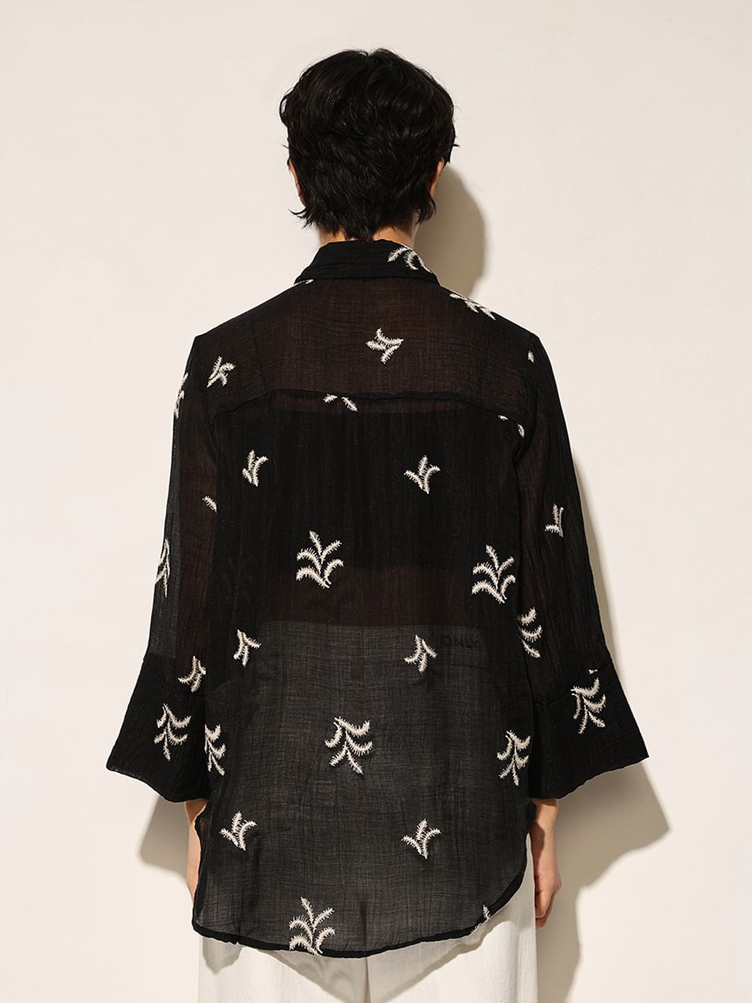Black Embroidered Sheer Oversized Shirt