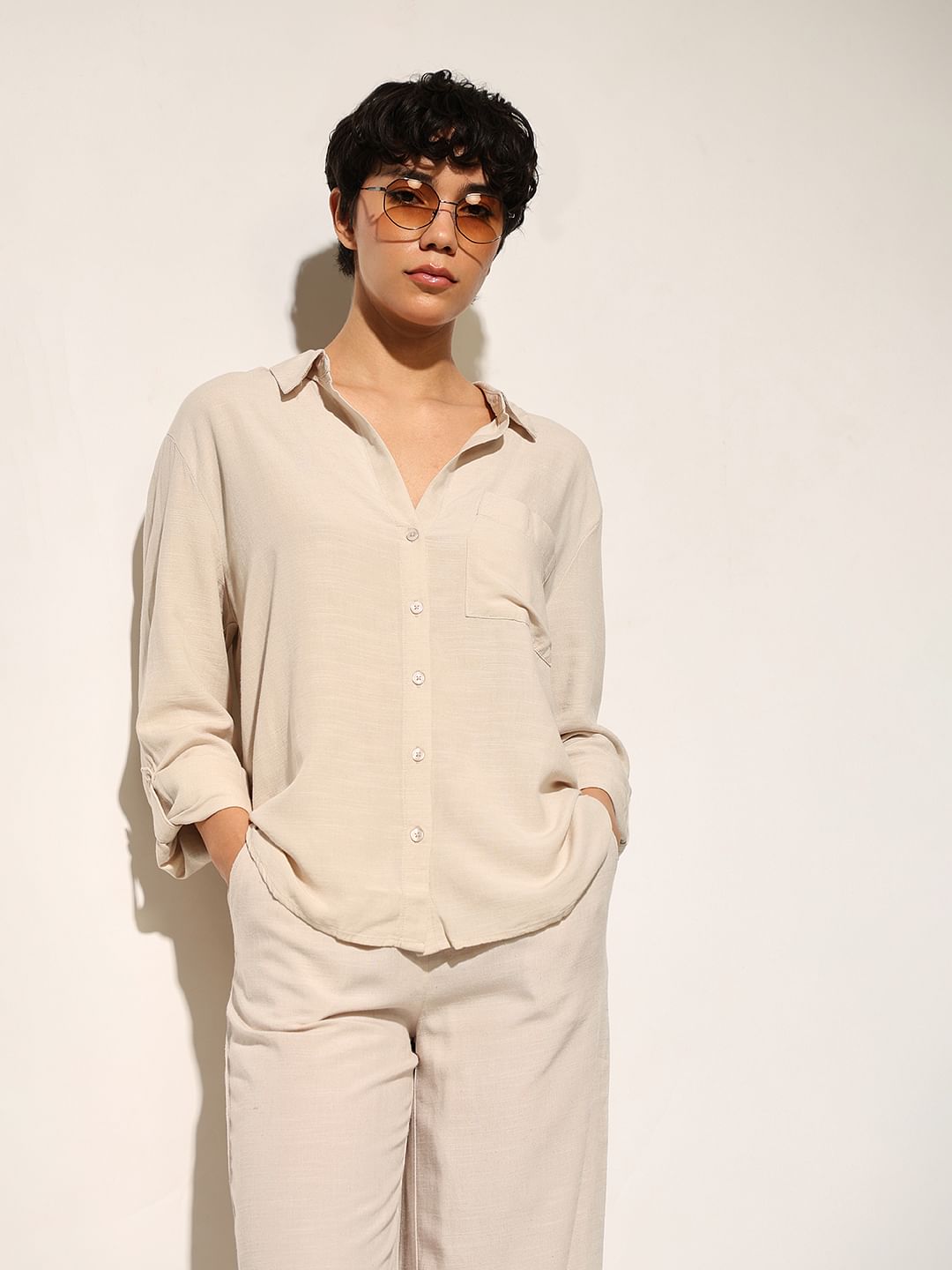 Beige Linen Blend Oversized Shirt