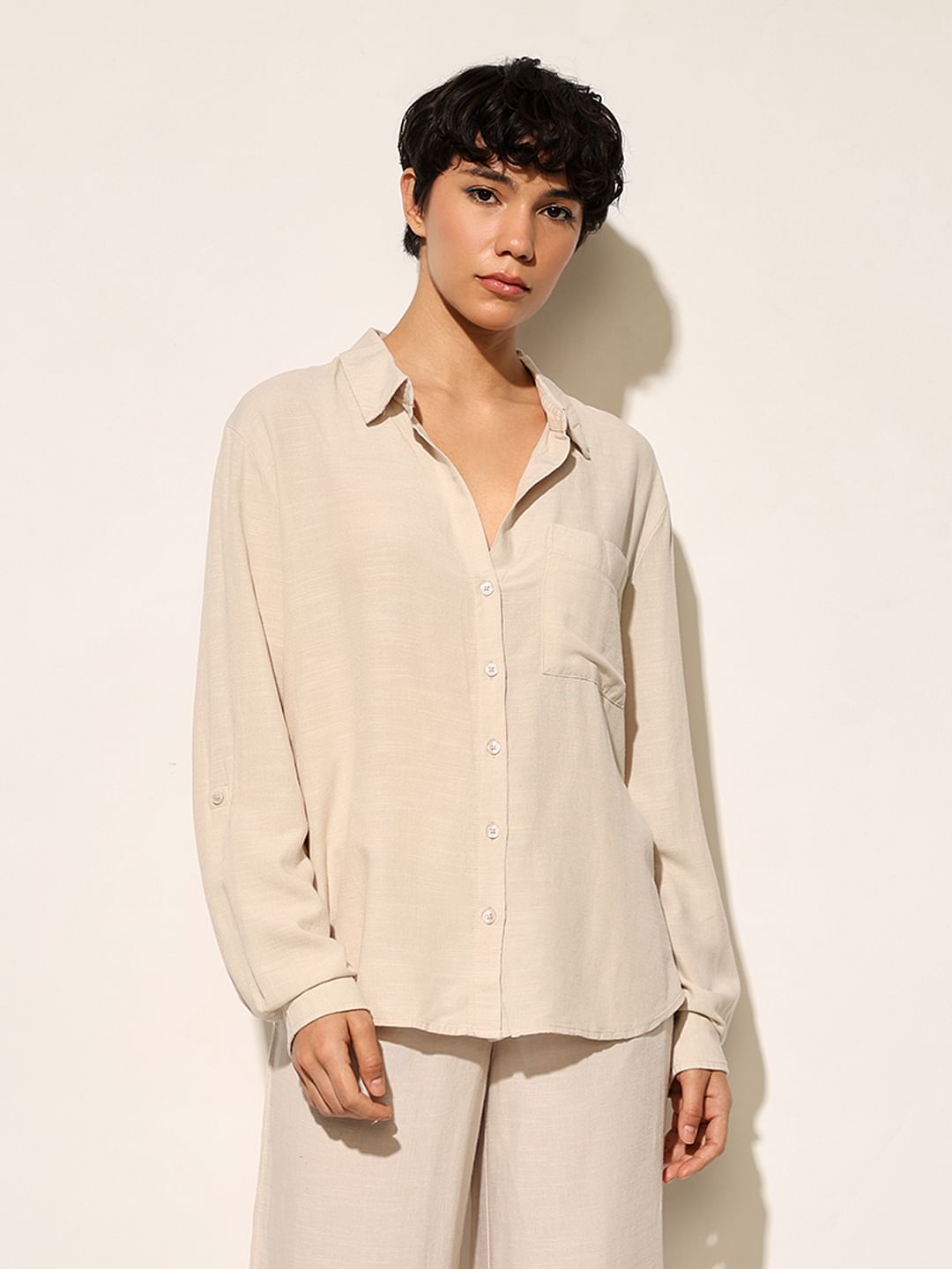 Beige Linen Blend Oversized Shirt