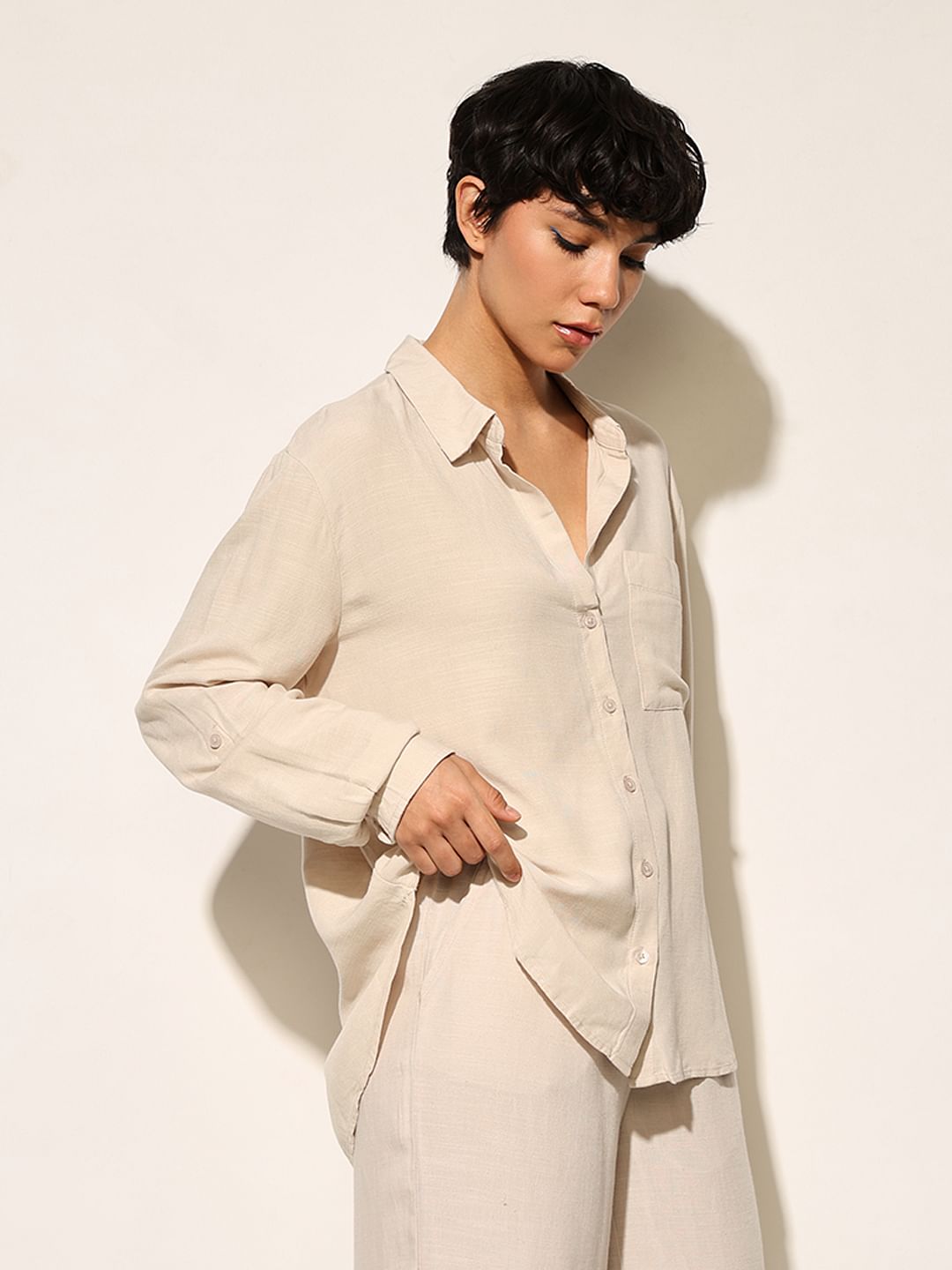 Beige Linen Blend Oversized Shirt