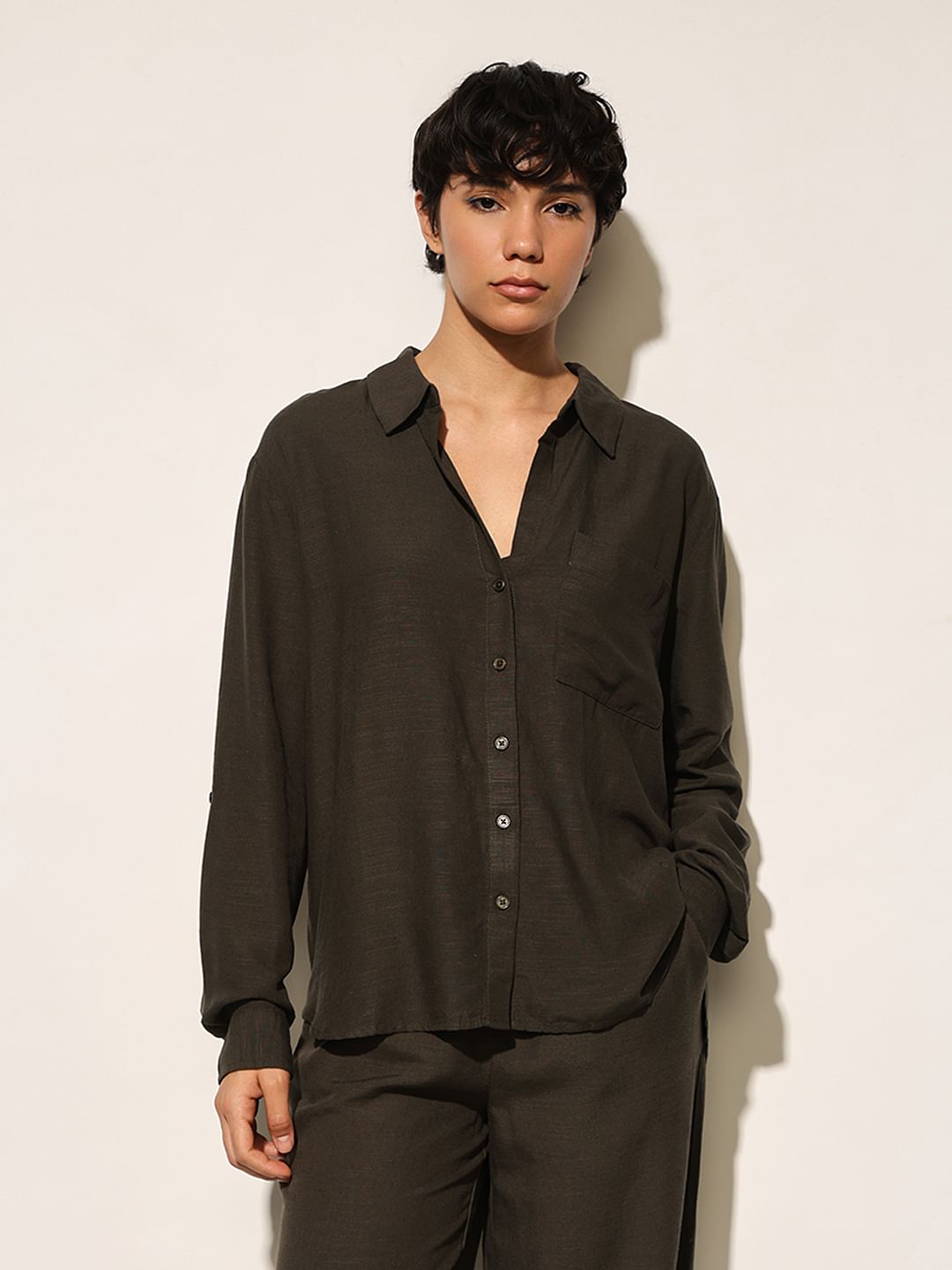 Moss Green Linen Blend Oversized Shirt
