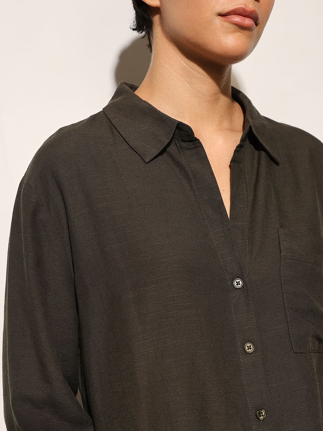 Moss Green Linen Blend Oversized Shirt