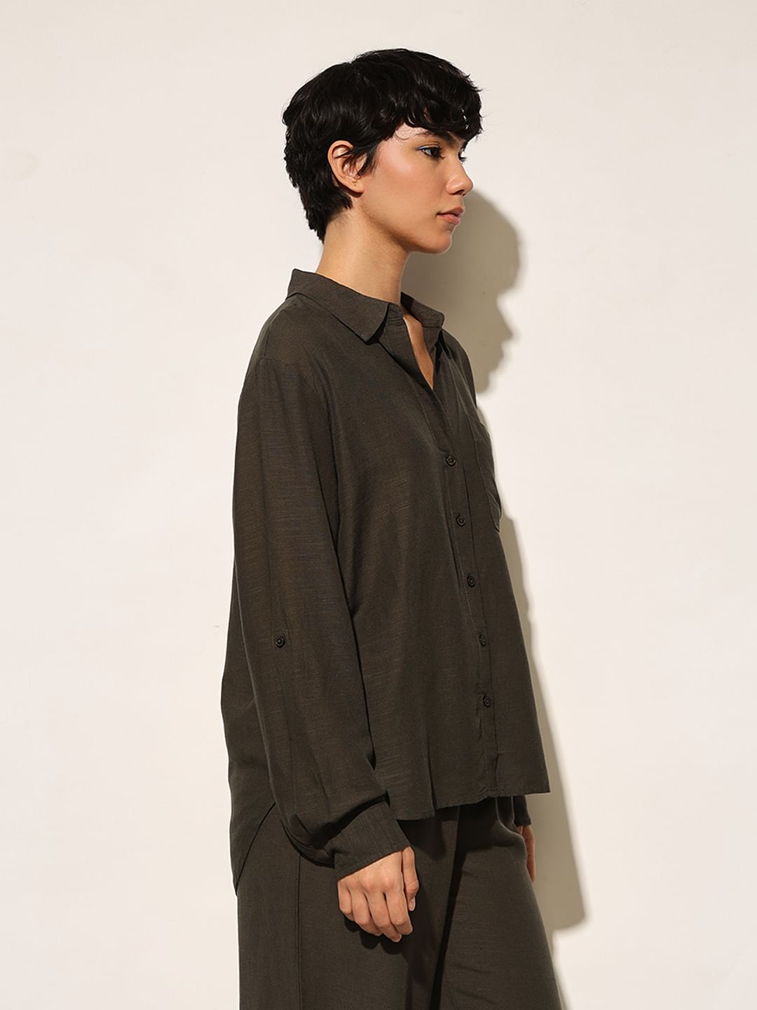 Moss Green Linen Blend Oversized Shirt