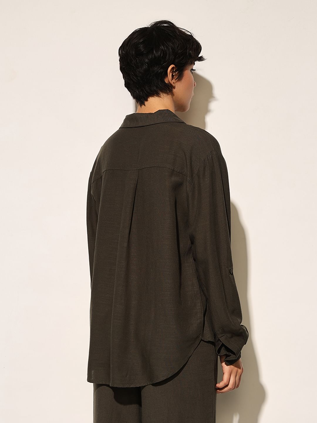 Moss Green Linen Blend Oversized Shirt