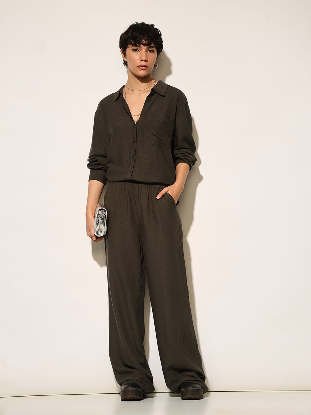 Moss Green Linen Blend Pants