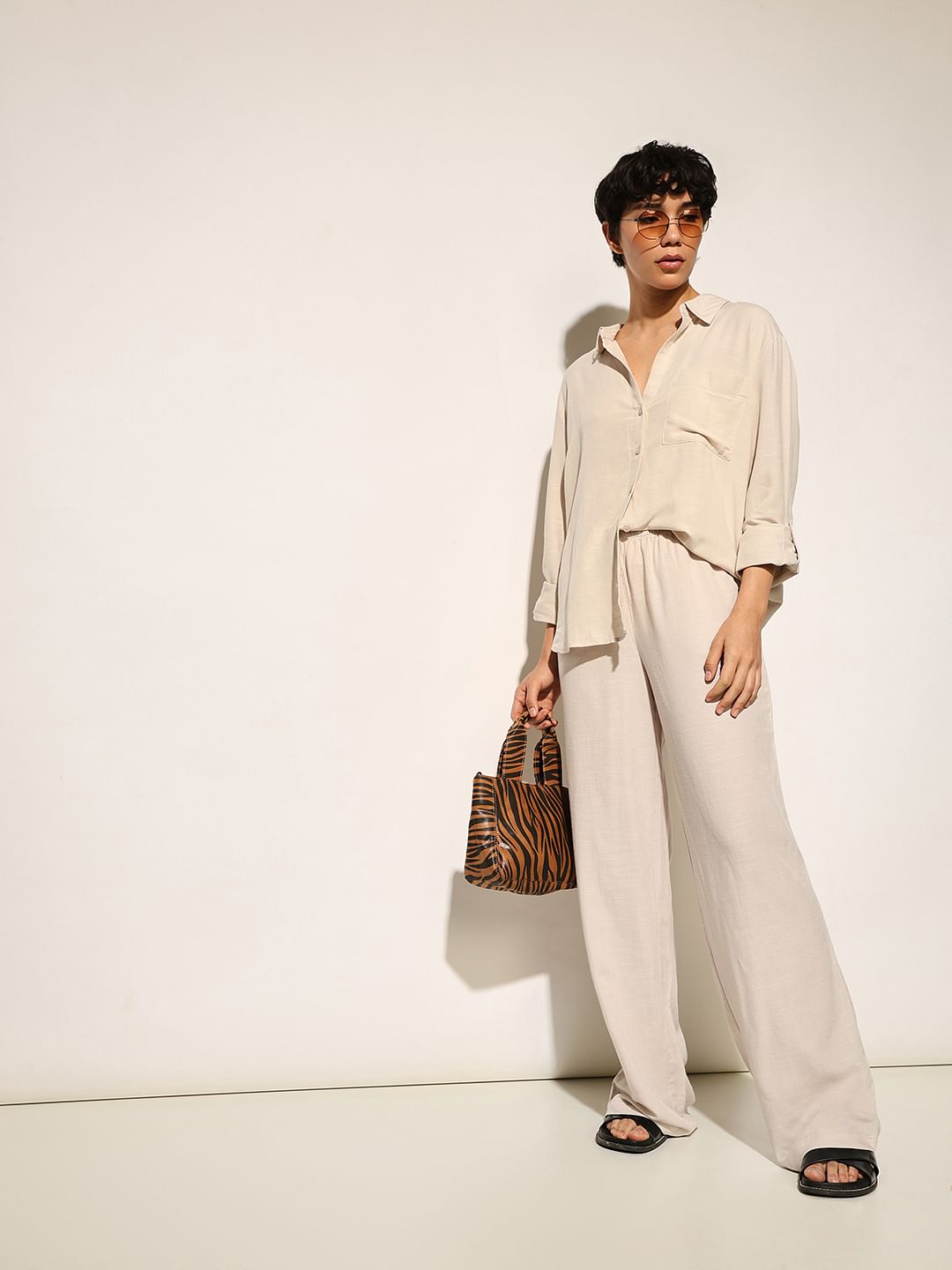 Beige Linen Blend Pants