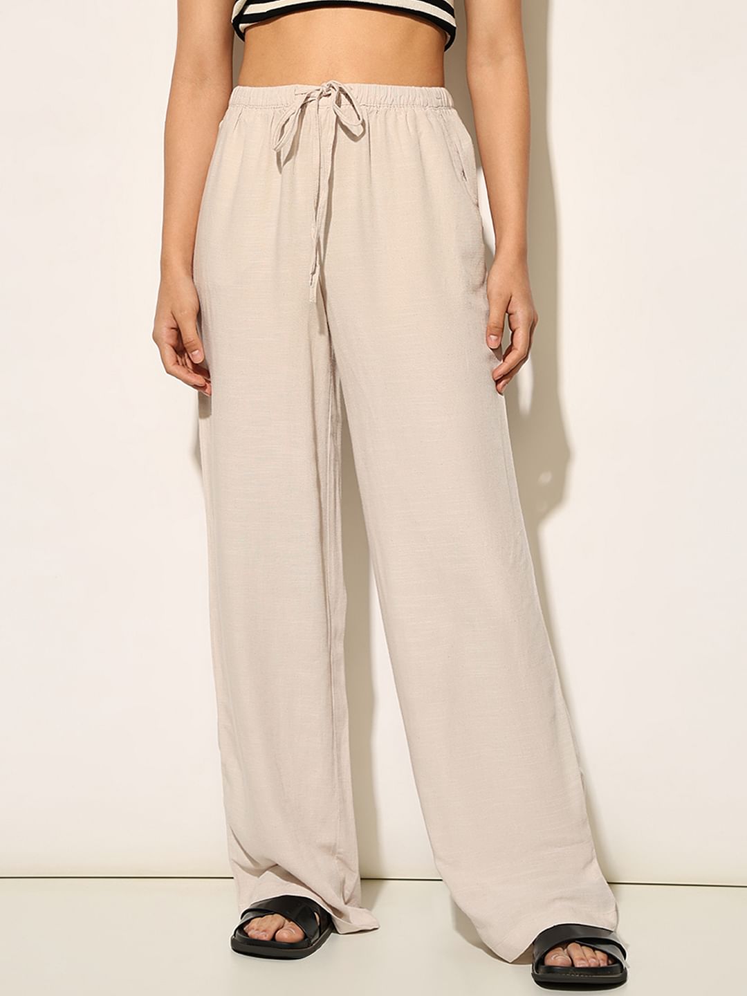 Beige Linen Blend Pants