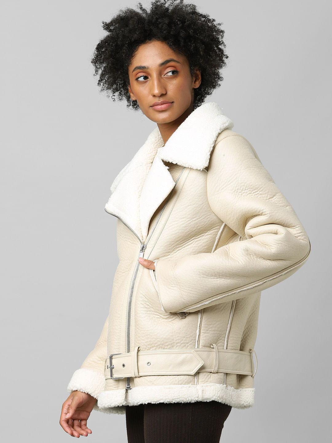 Beige Faux Leather Biker Jacket