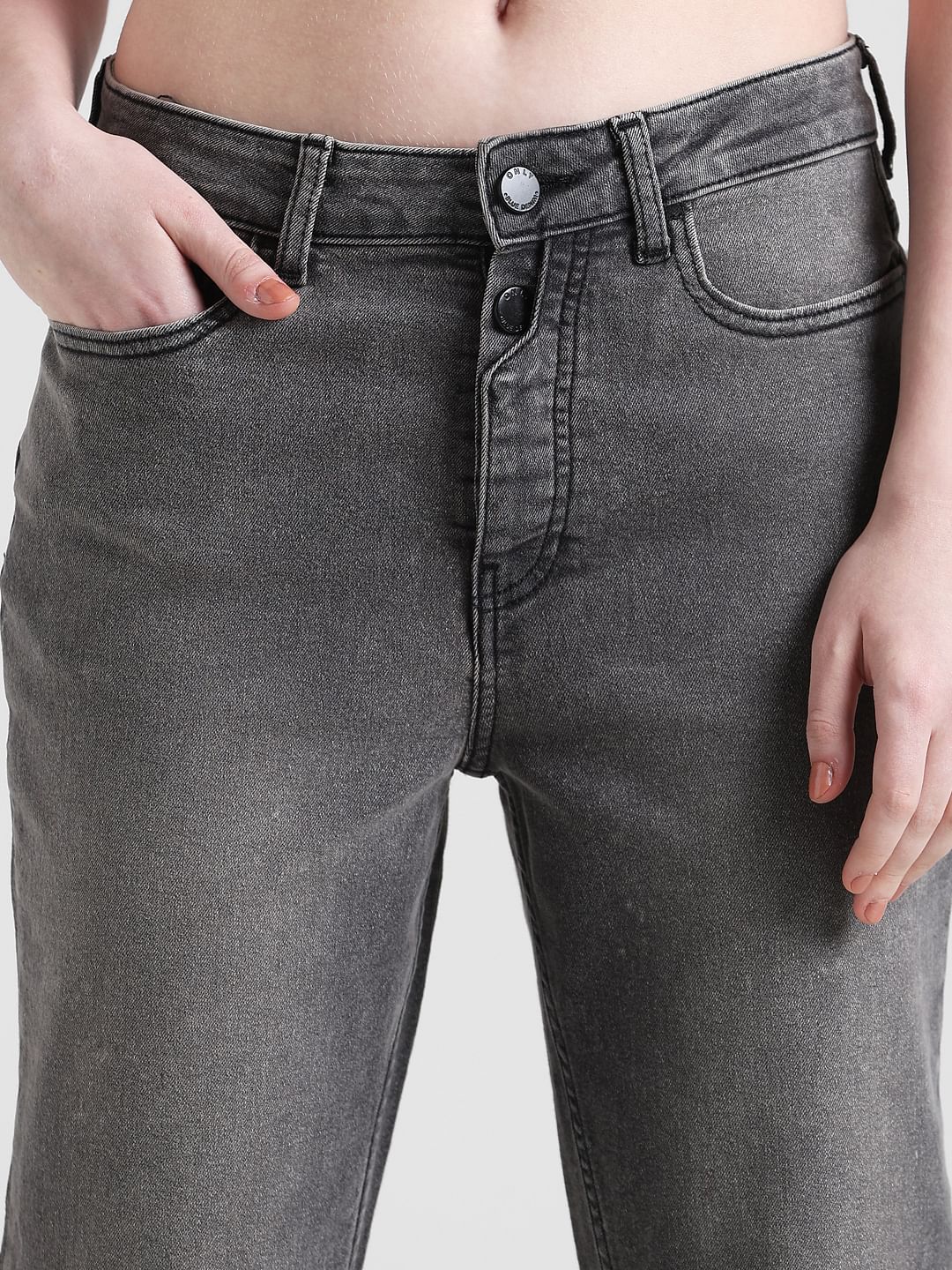 Black Mid Rise Light Washed Straight Fit Jeans