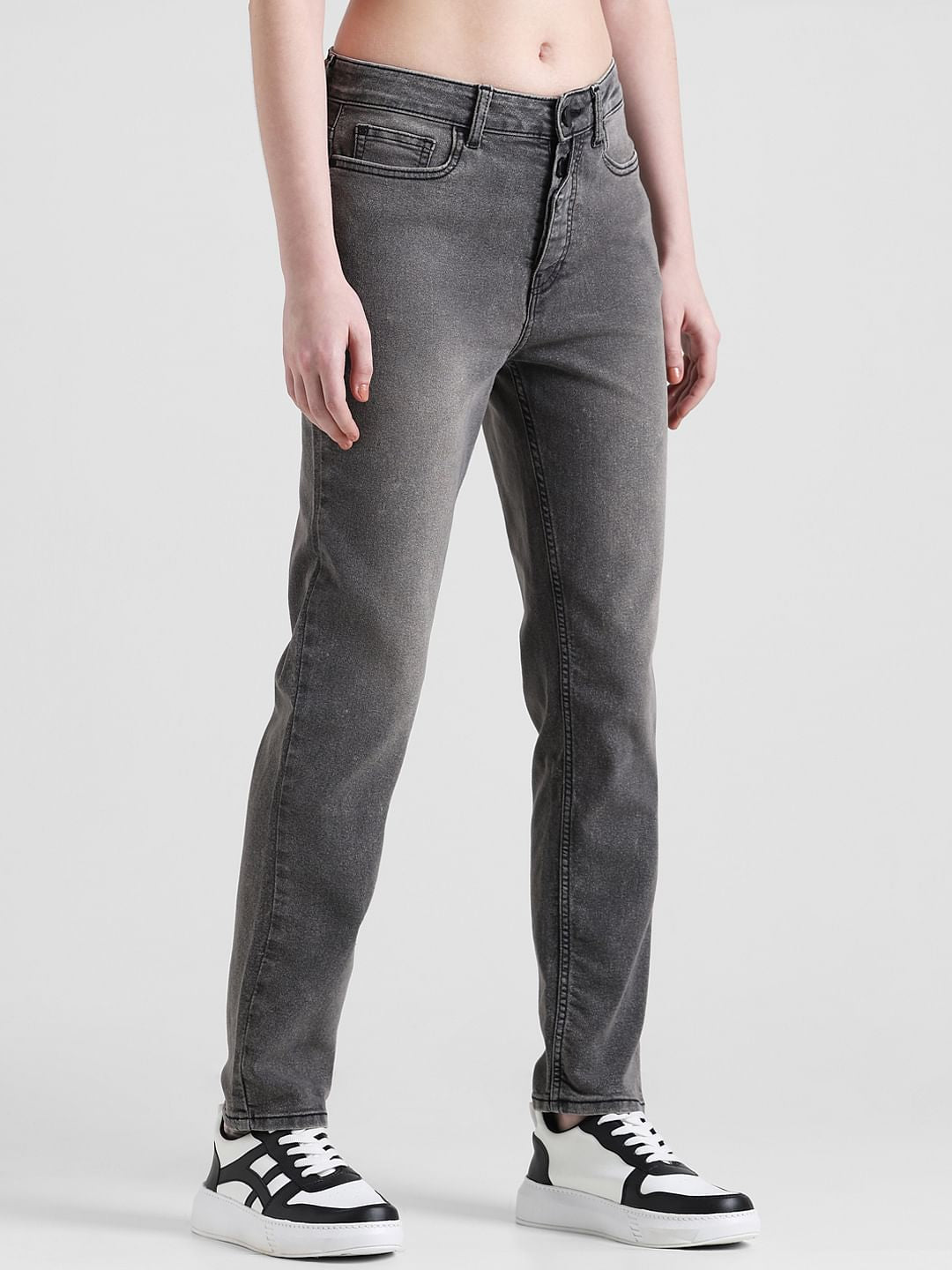 Black Mid Rise Light Washed Straight Fit Jeans