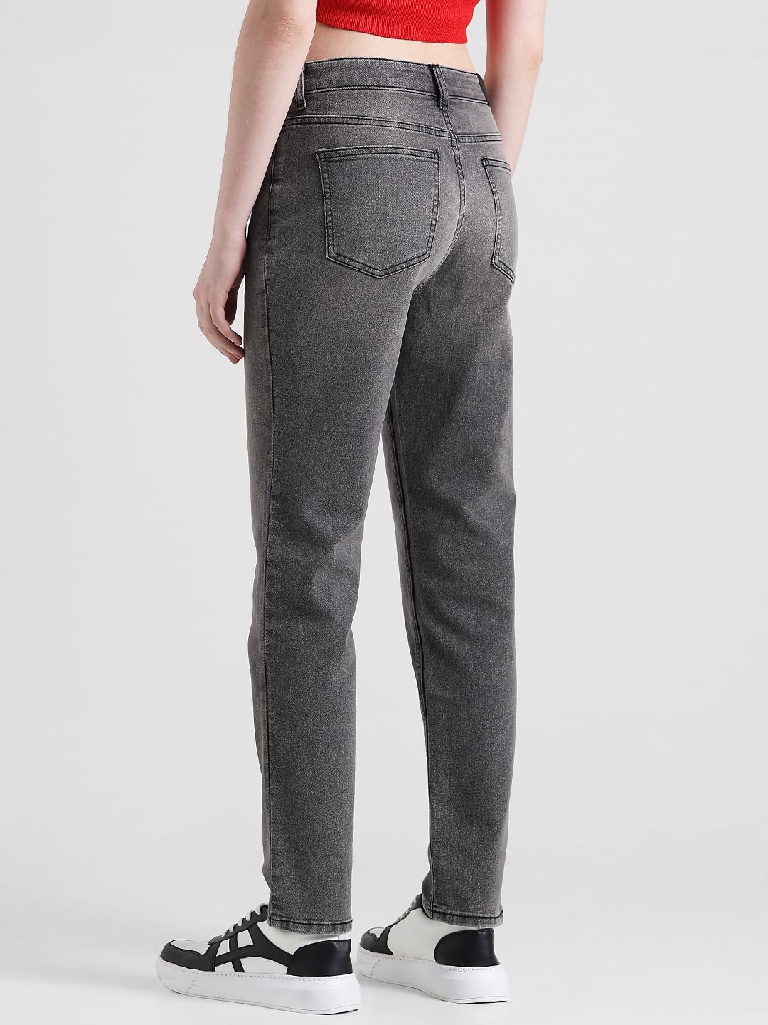 Black Mid Rise Light Washed Straight Fit Jeans