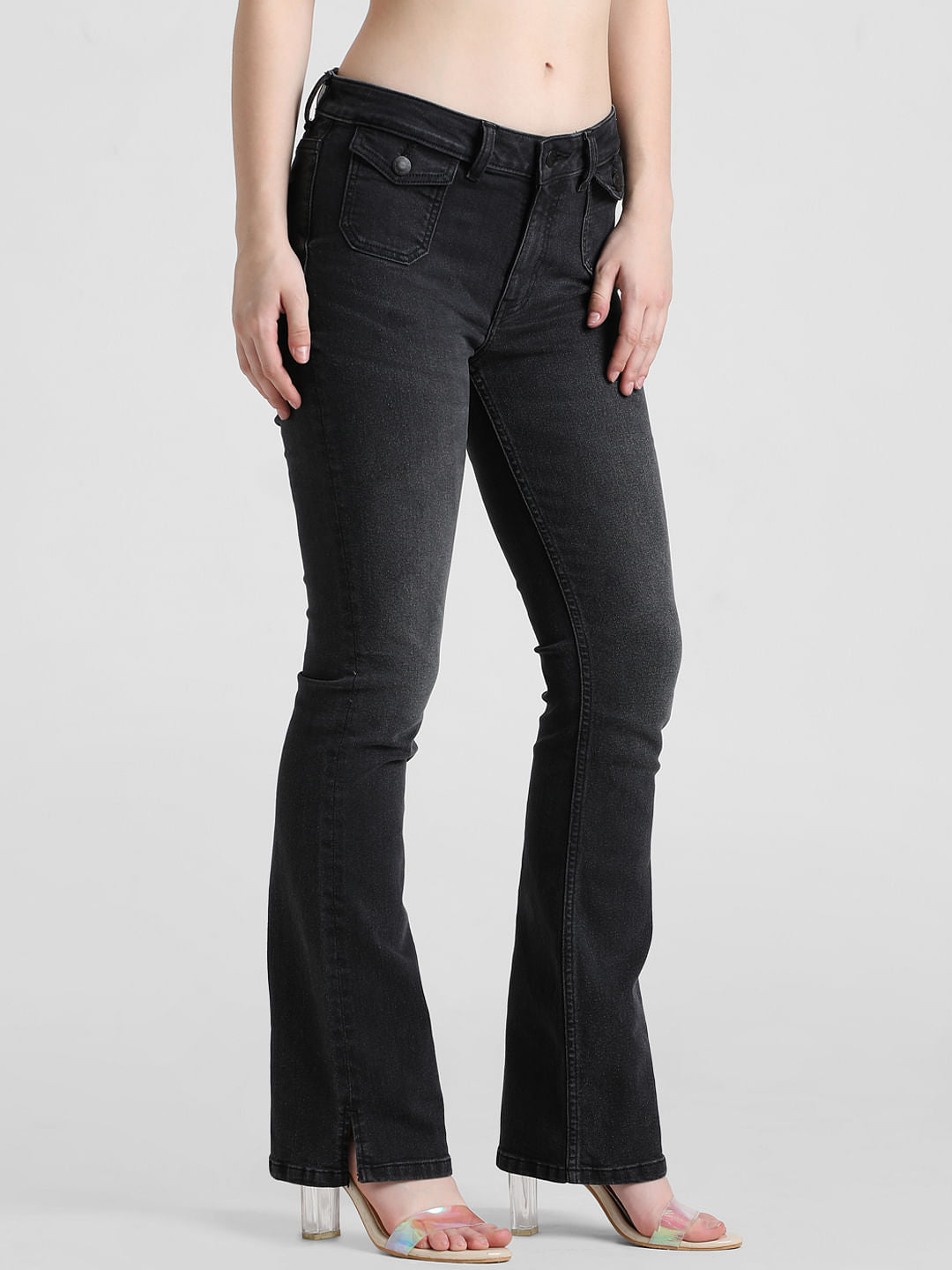 Black Mid Rise Hella Flared Jeans