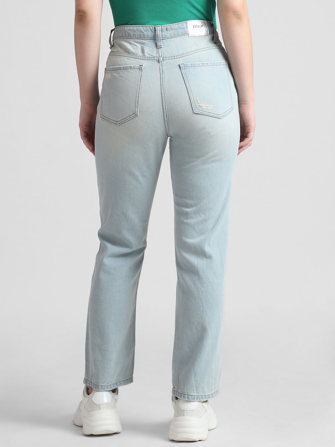 Light Blue Heavily Distressed Mom Fit Jeans