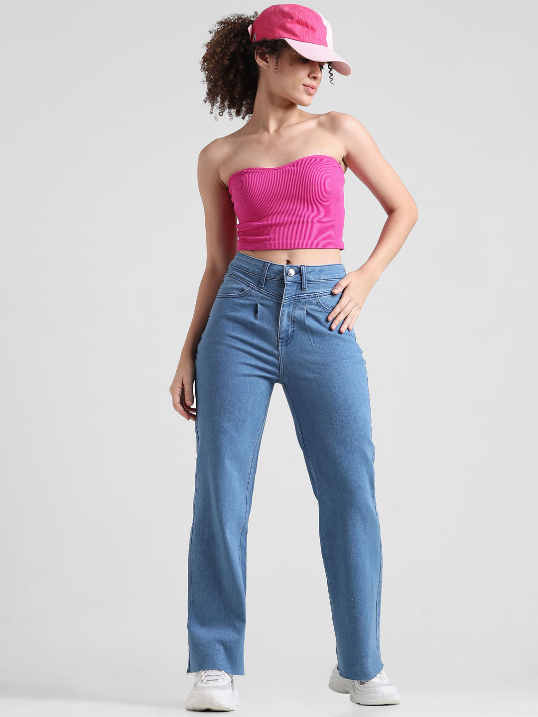 Light Blue Plain High Rise Wide Leg Jeans