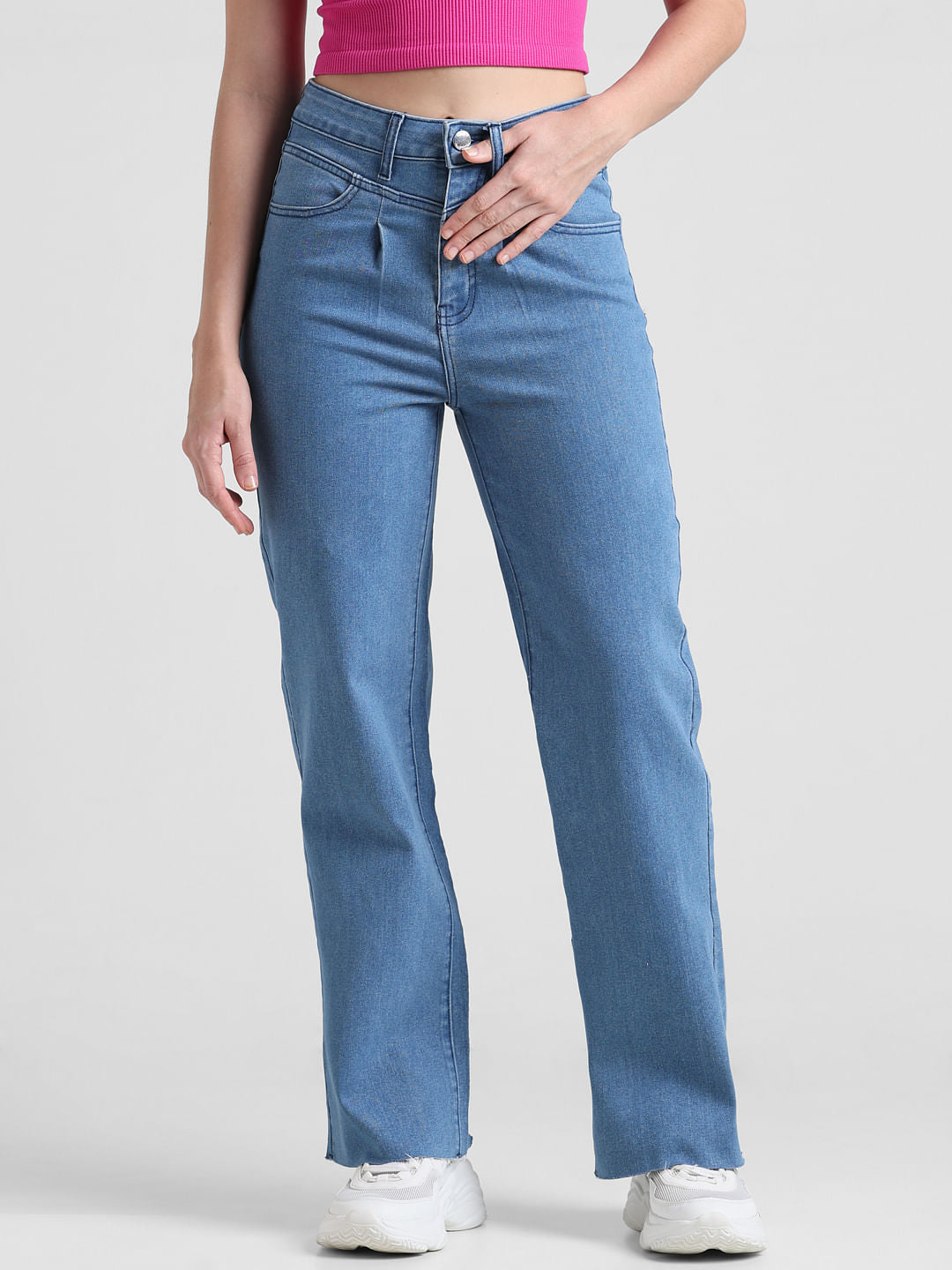 Light Blue Plain High Rise Wide Leg Jeans