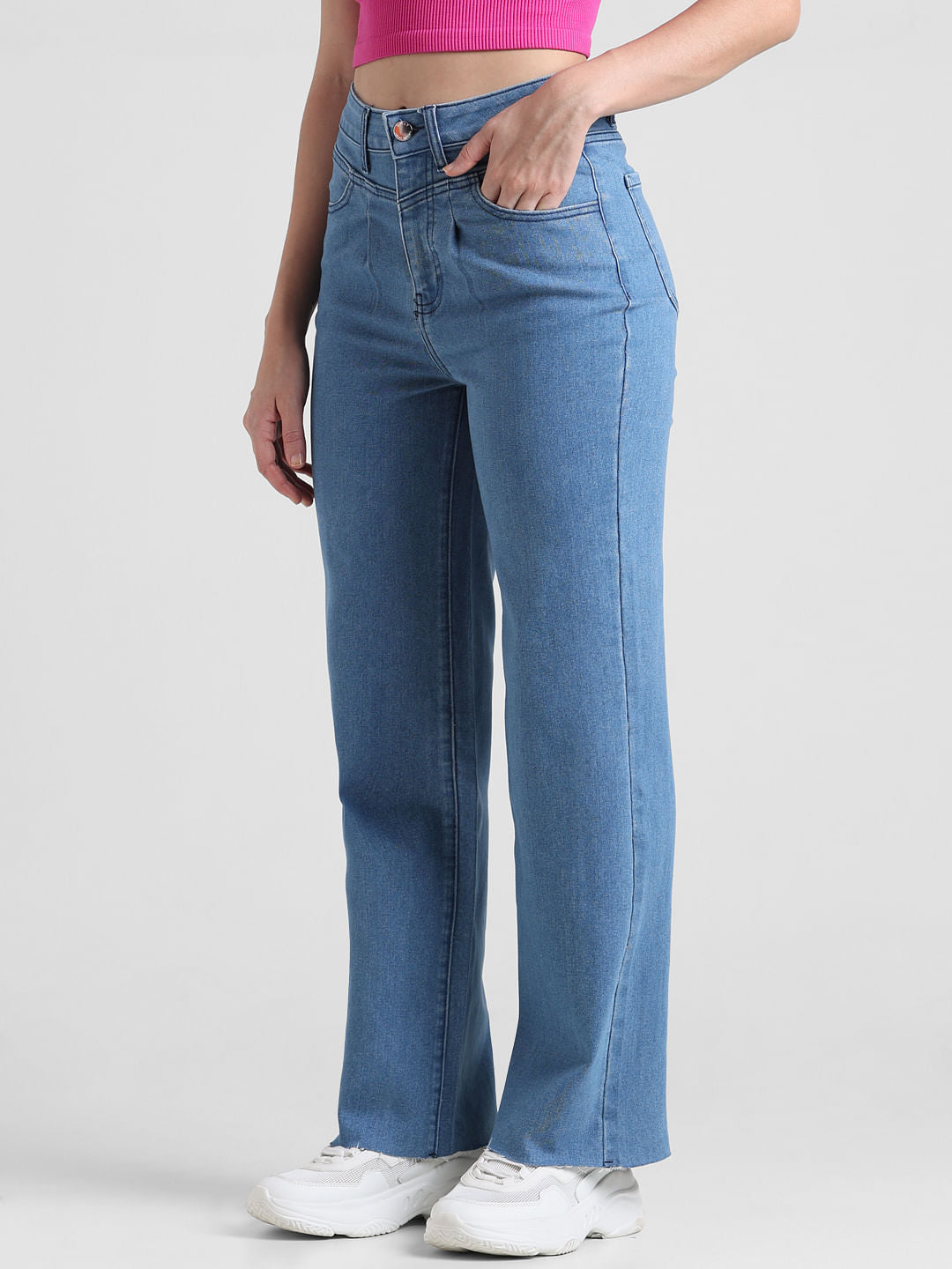 Light Blue Plain High Rise Wide Leg Jeans