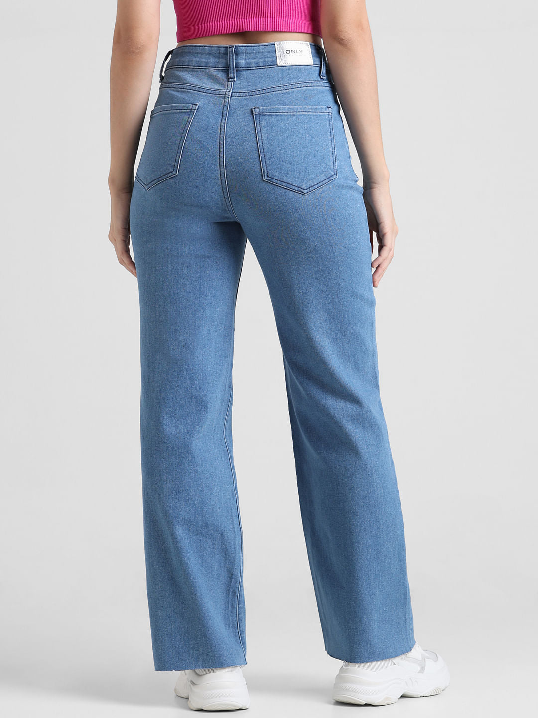 Light Blue Plain High Rise Wide Leg Jeans