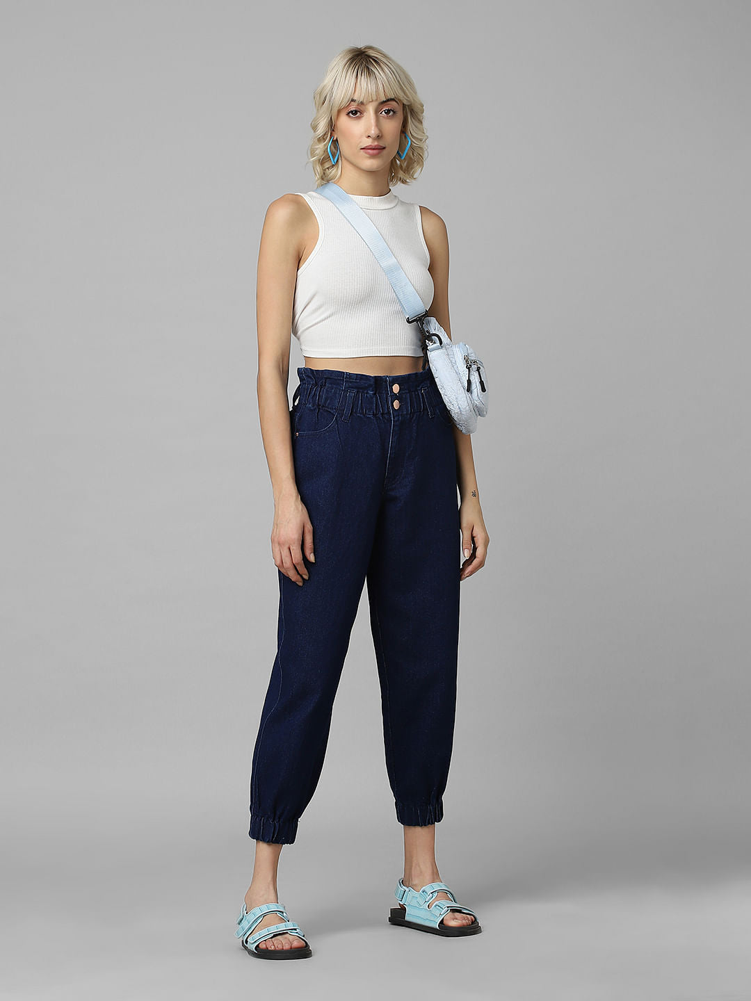 Dark Blue High Rise Denim Joggers