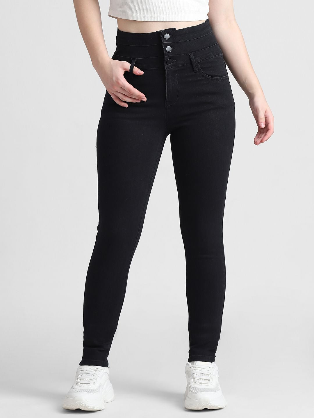Black High Rise Buttoned Skinny Jeans