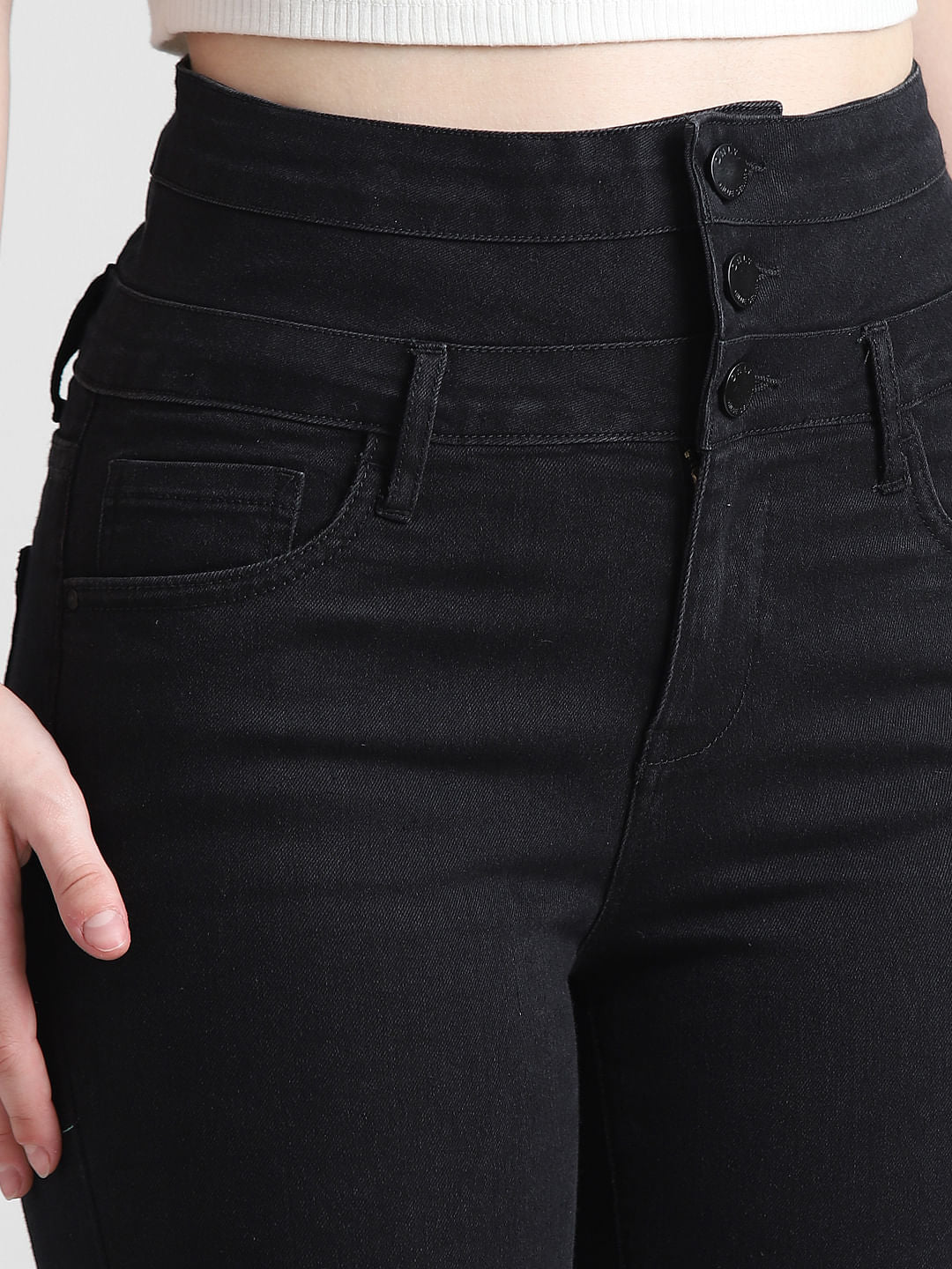 Black High Rise Buttoned Skinny Jeans