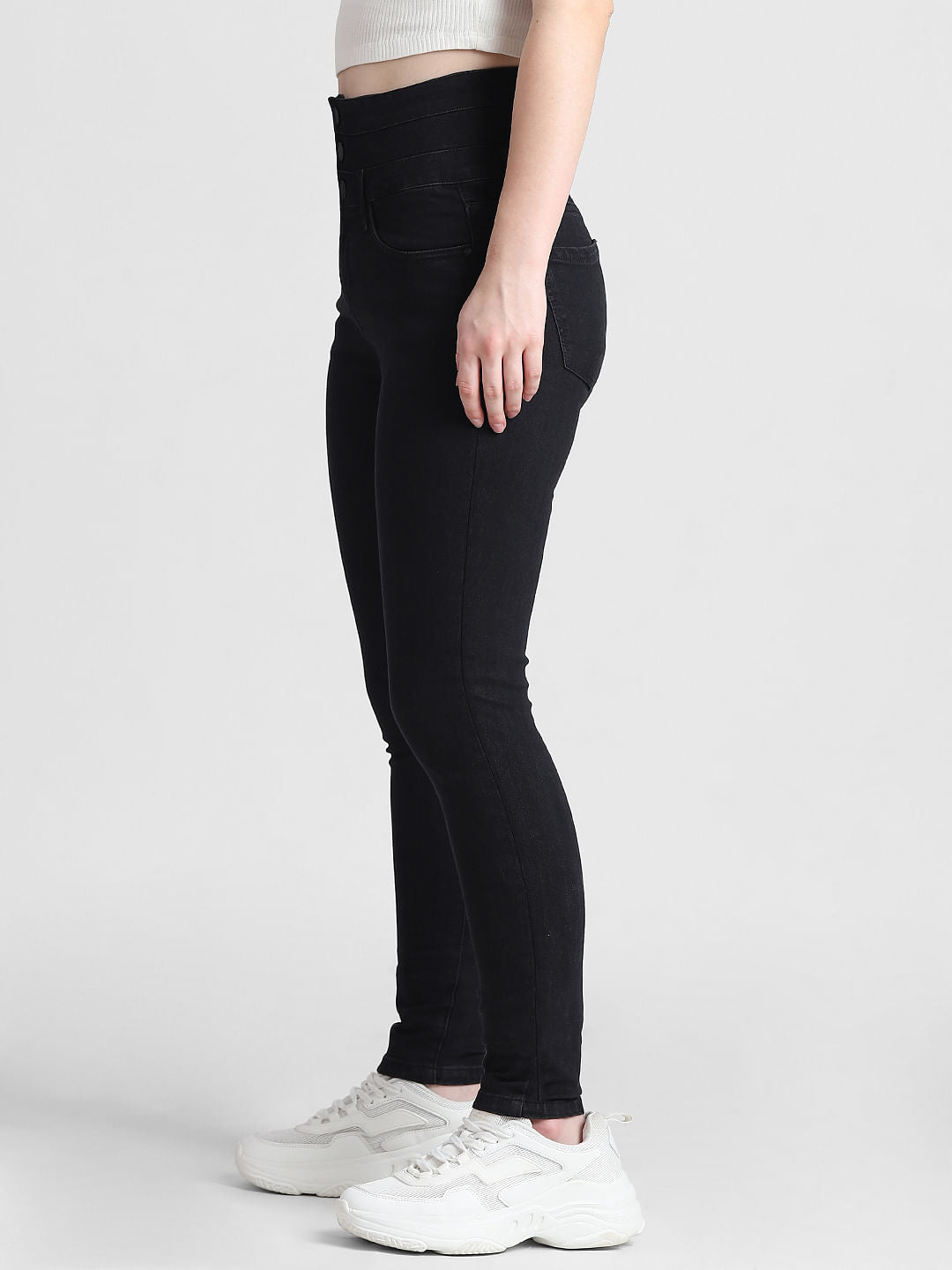 Black High Rise Buttoned Skinny Jeans
