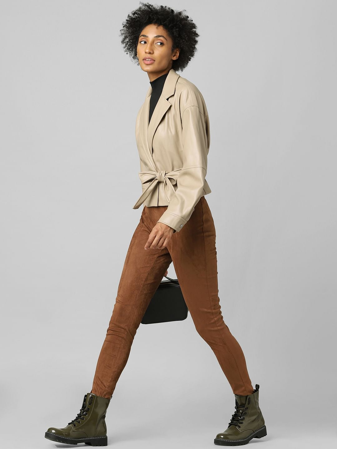 Beige Faux Leather Wrap Jacket