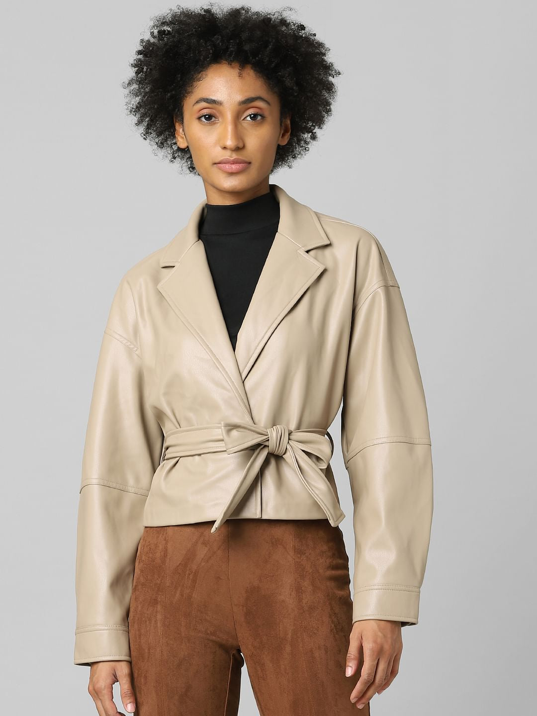 Beige Faux Leather Wrap Jacket