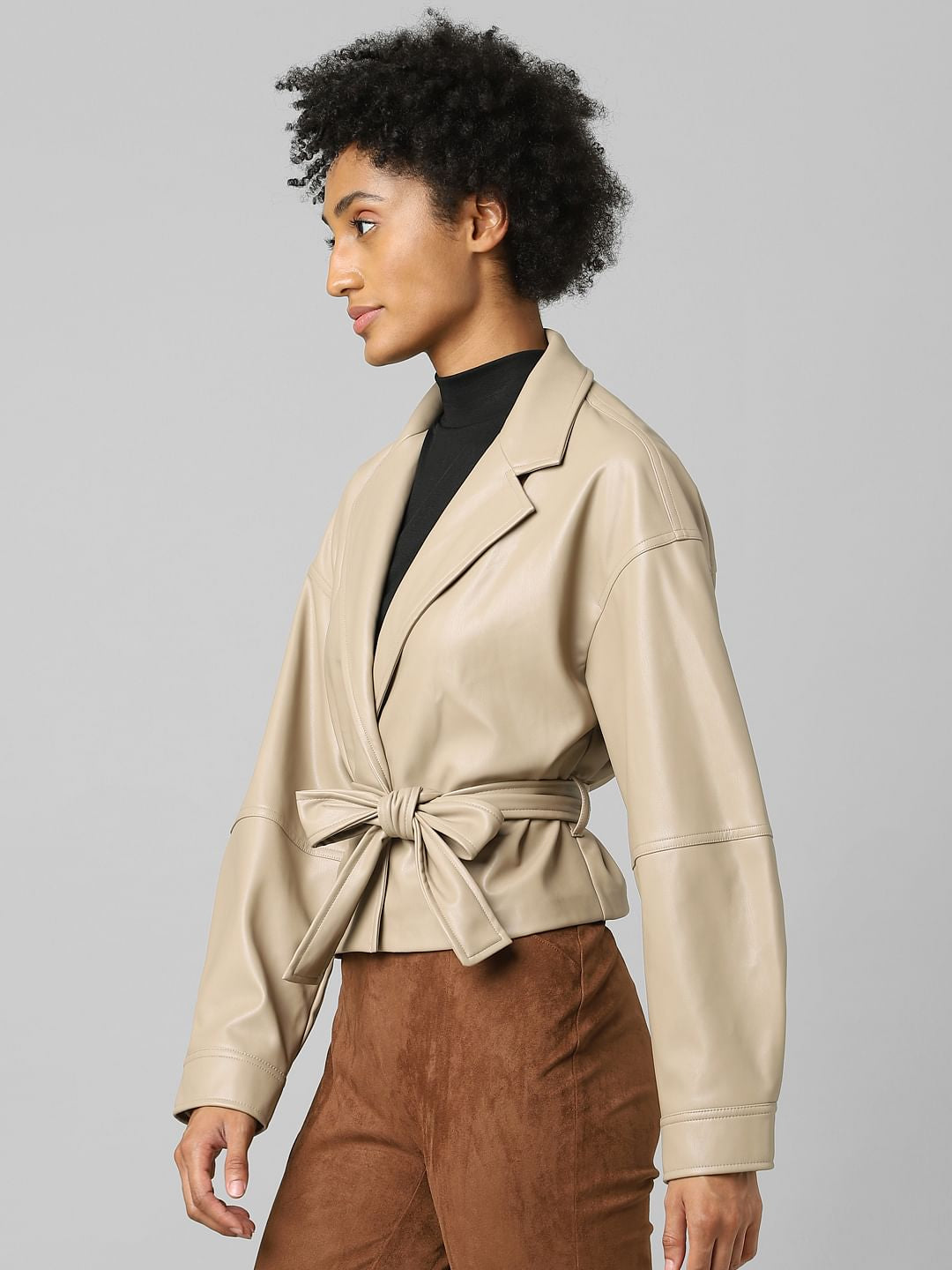 Beige Faux Leather Wrap Jacket