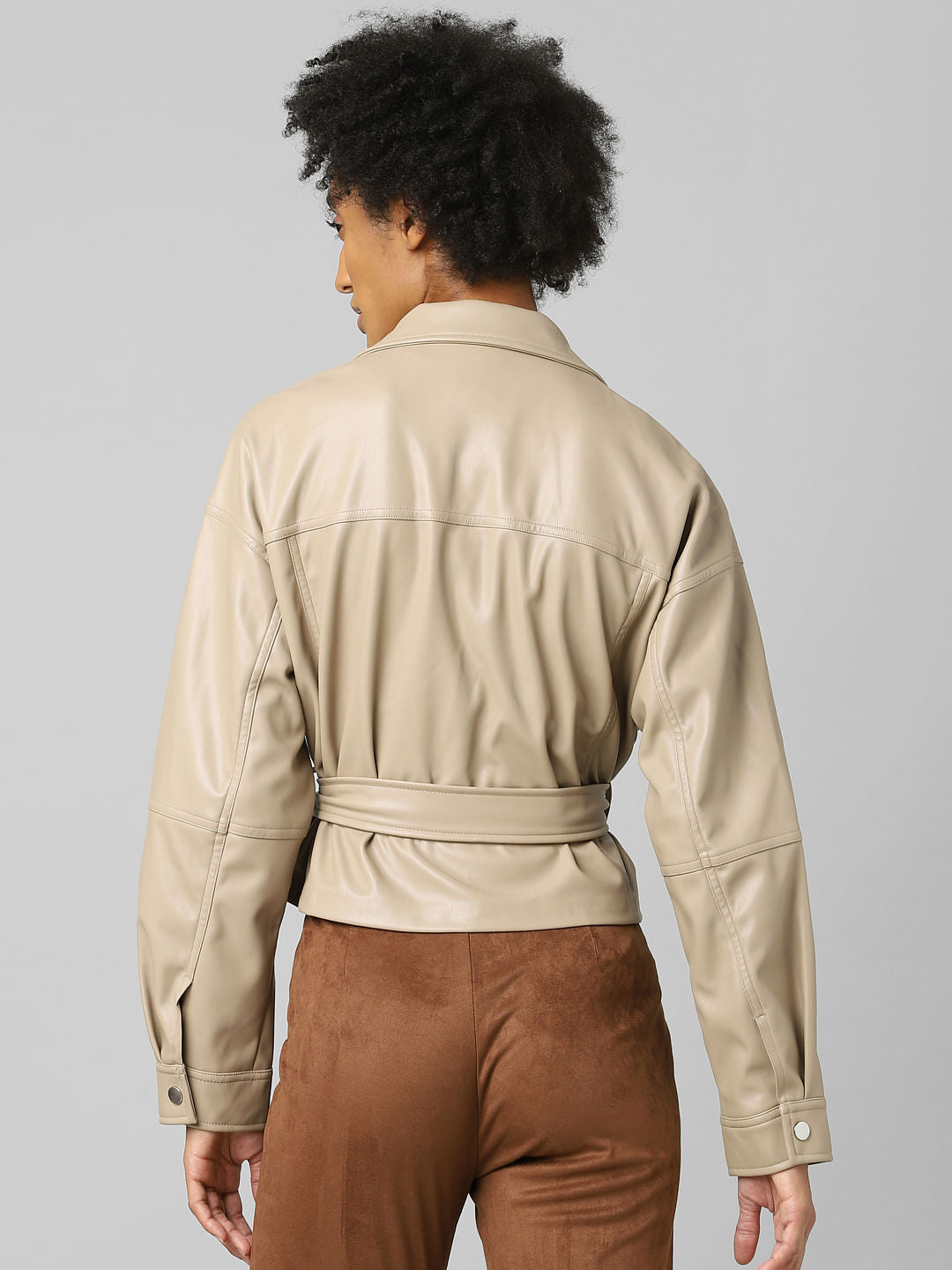 Beige Faux Leather Wrap Jacket