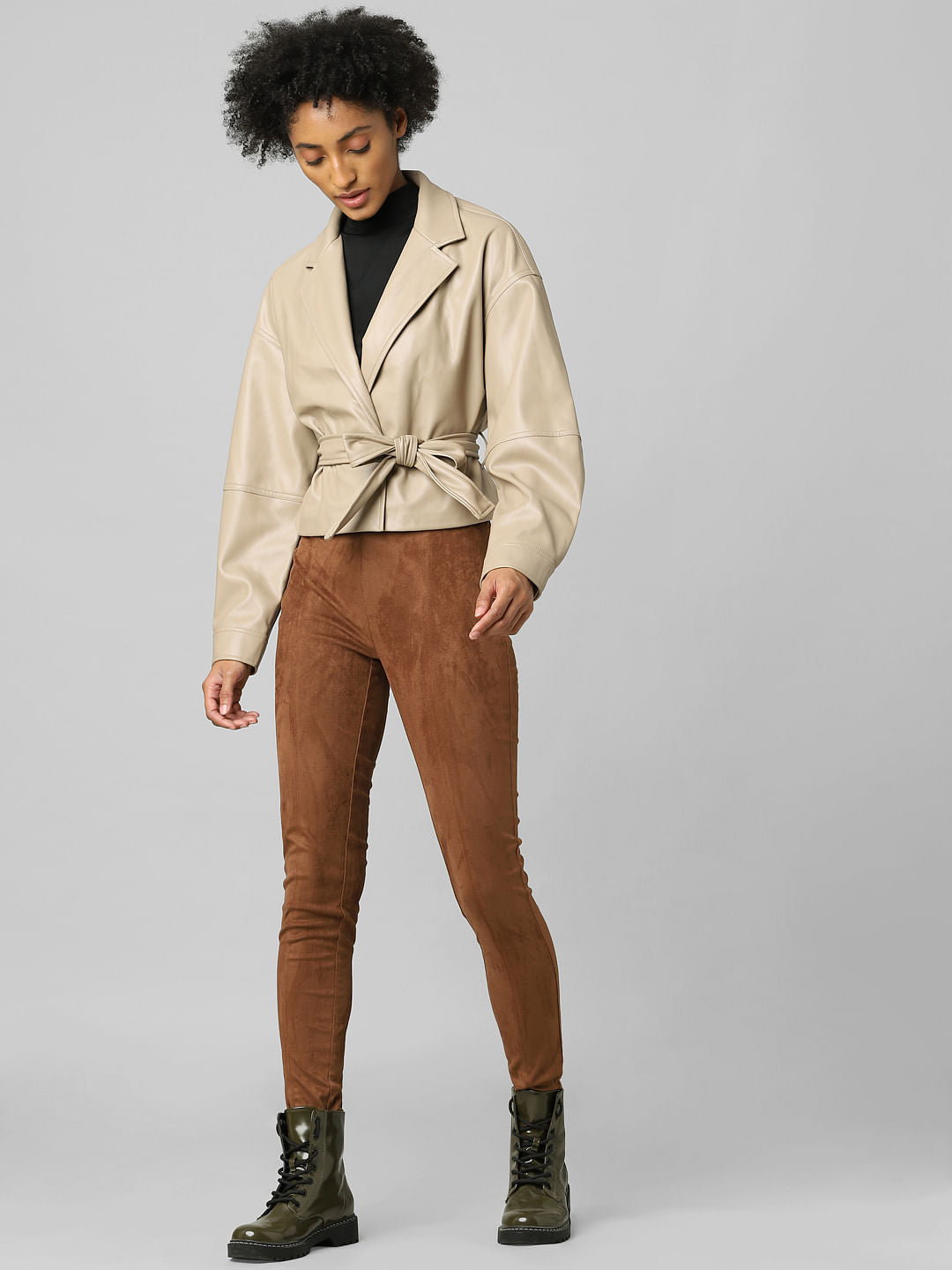 Beige Faux Leather Wrap Jacket