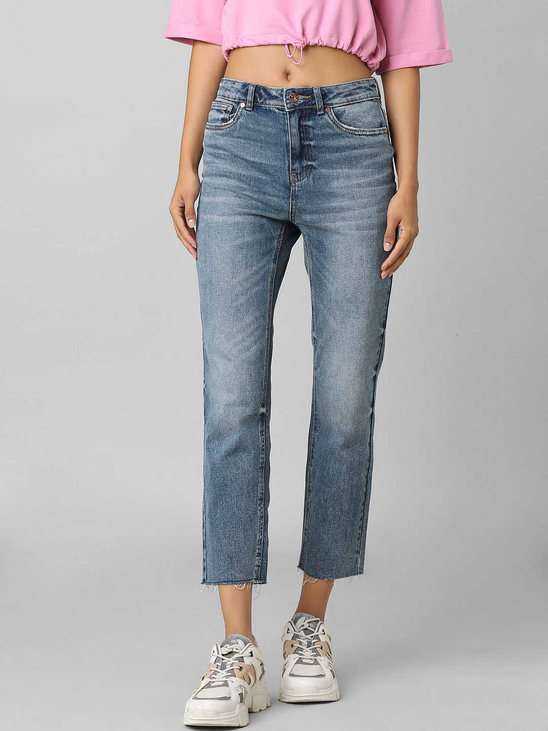 Blue High Rise Washed Straight Fit Jeans