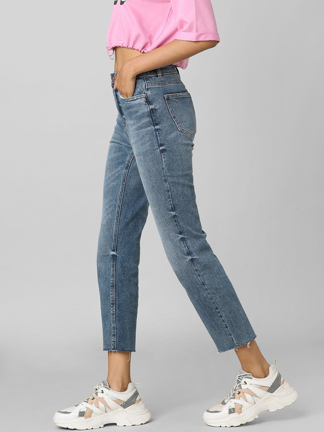 Blue High Rise Washed Straight Fit Jeans