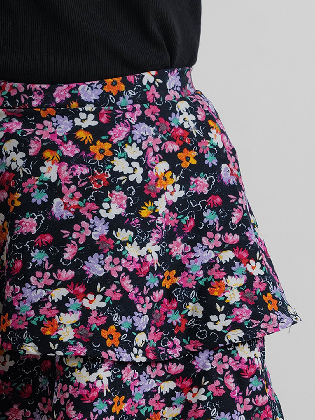 Girls Black Layered Floral Short Skirt