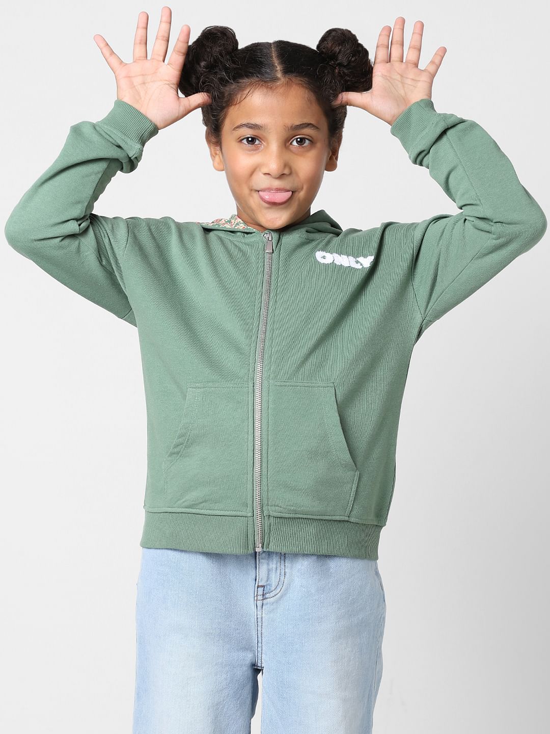 Girls Green Hooded Zip-Up Sweatshirt