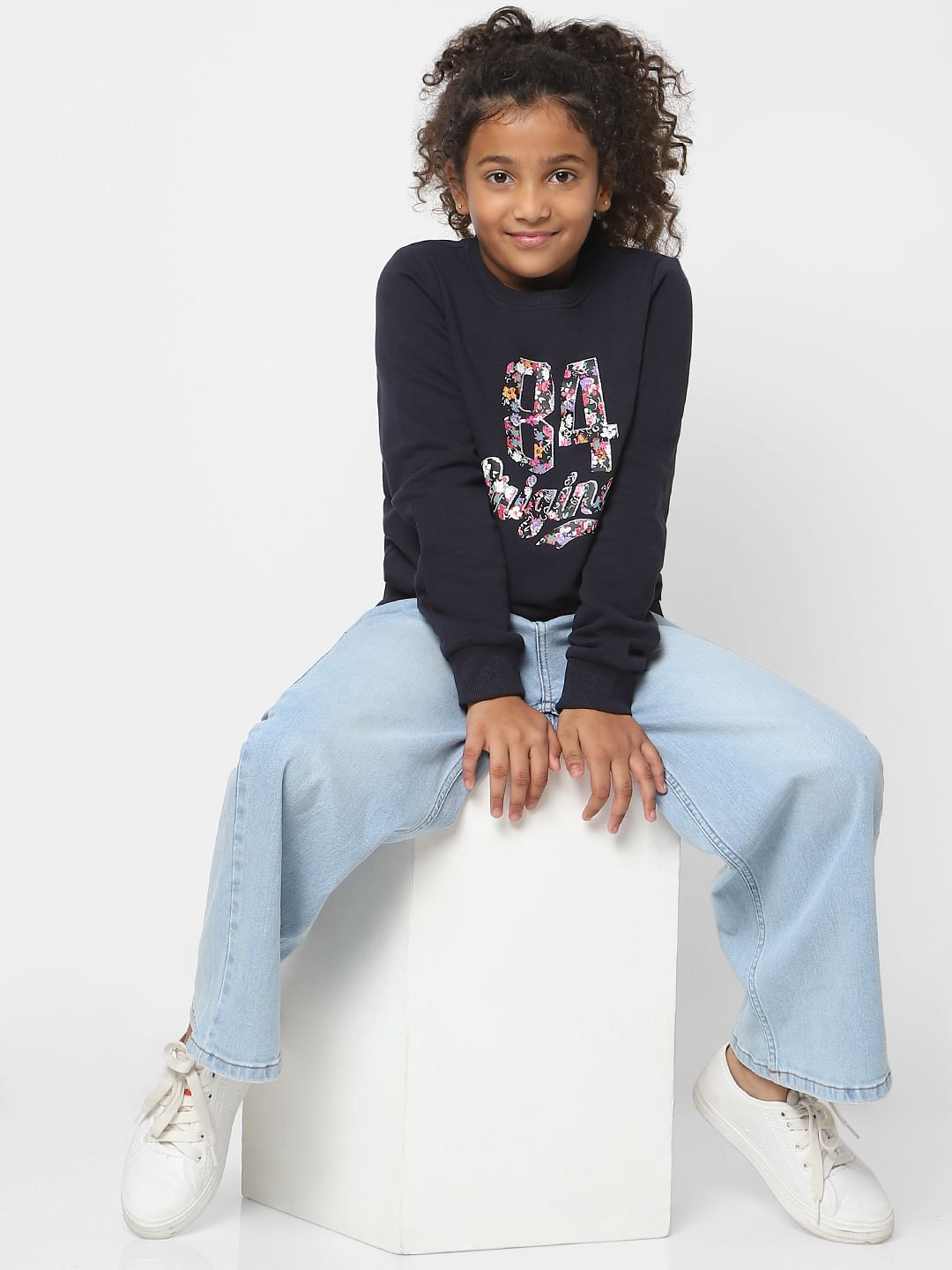 Girls Navy Blue Brushed Print Sweatshirt