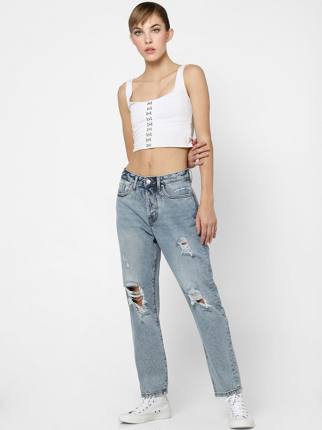 Blue High Rise Distressed Straight Jeans