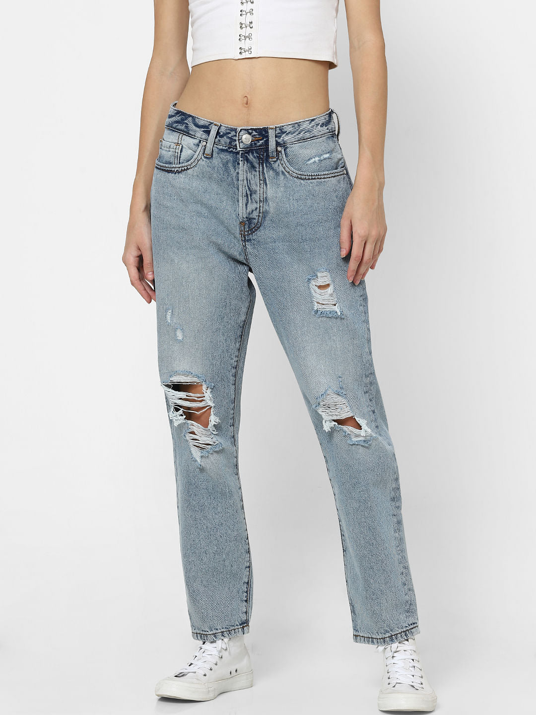 Blue High Rise Distressed Straight Jeans