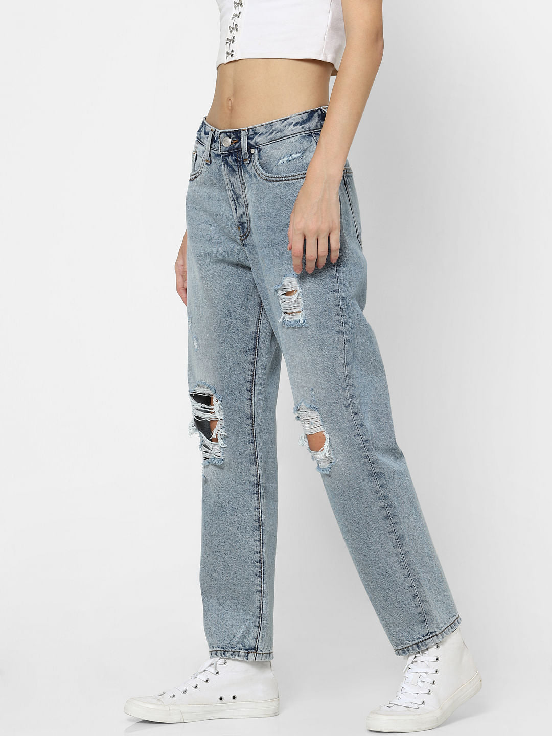 Blue High Rise Distressed Straight Jeans