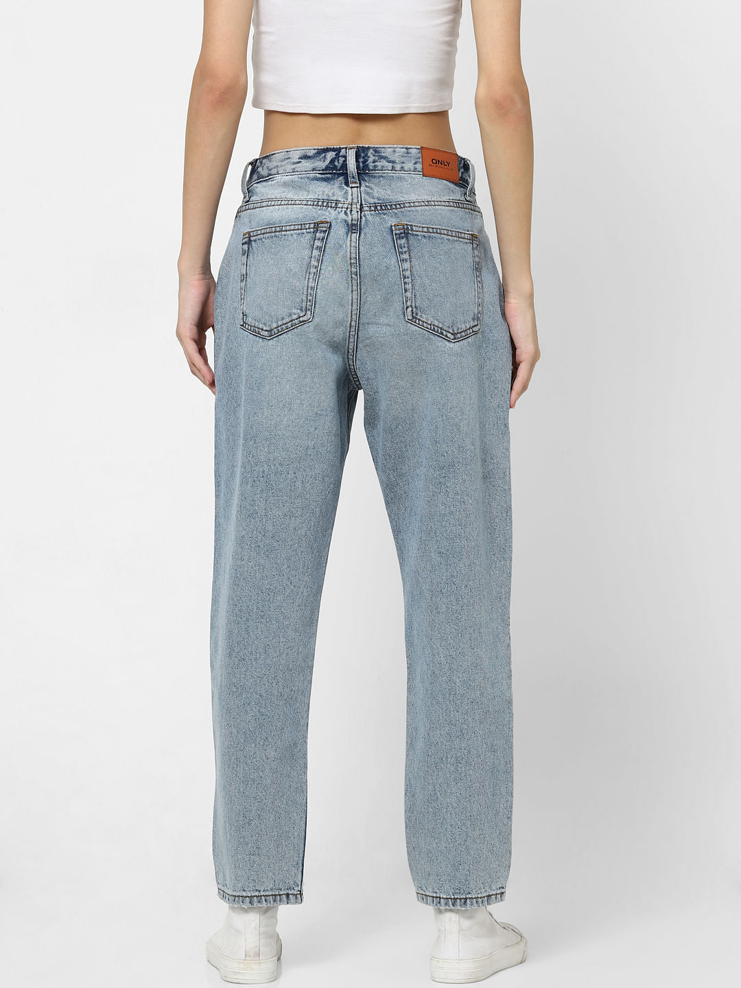 Blue High Rise Distressed Straight Jeans