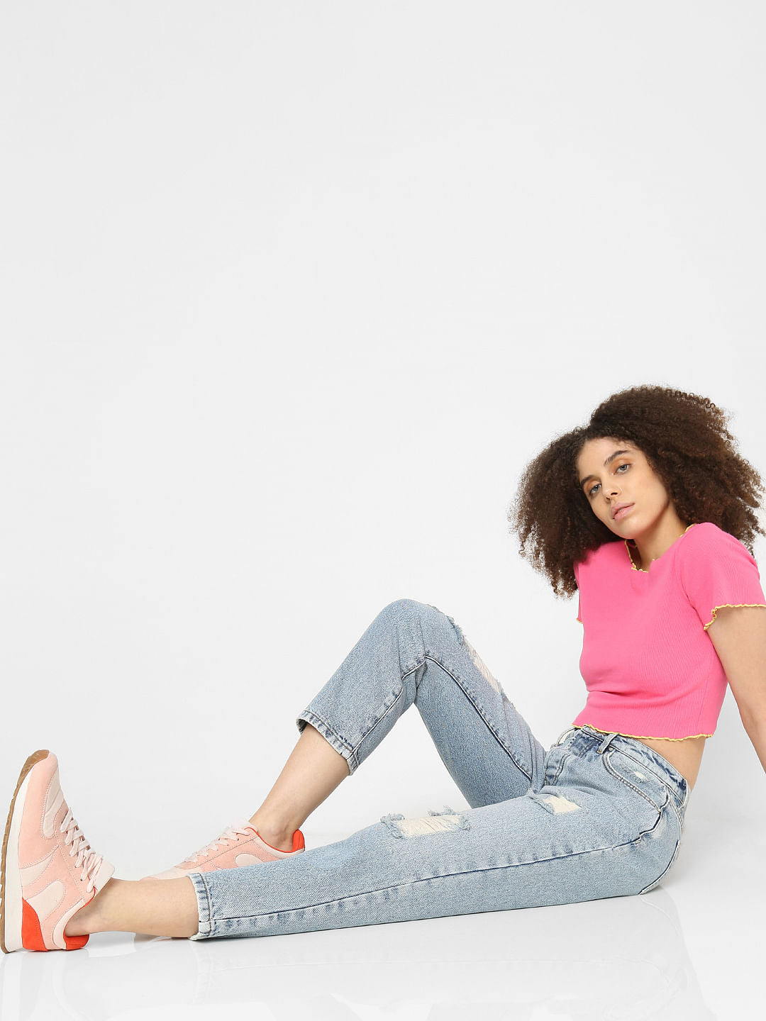 Blue High Rise Distressed Straight Jeans