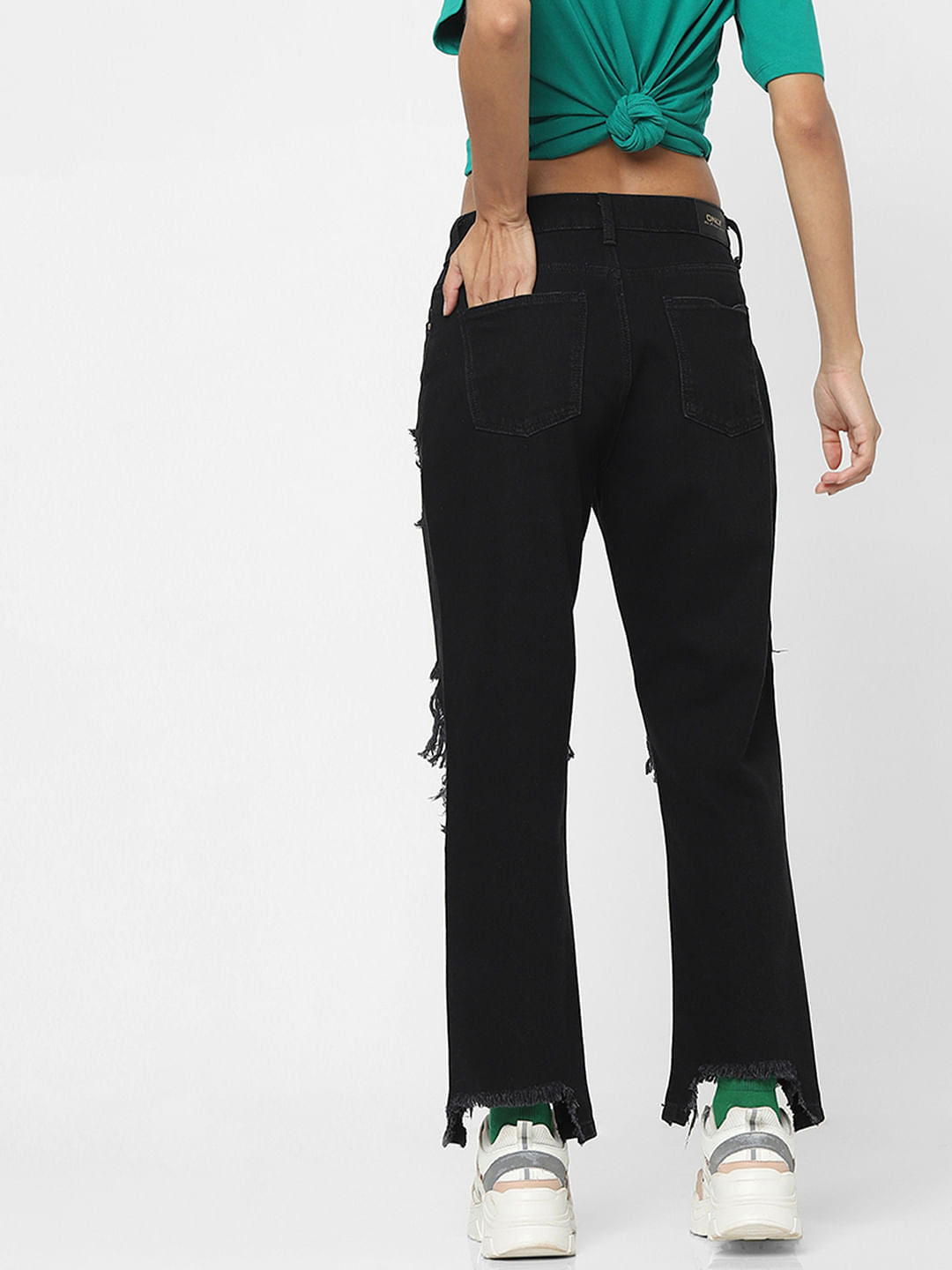 Black High Rise Ripped Straight Jeans