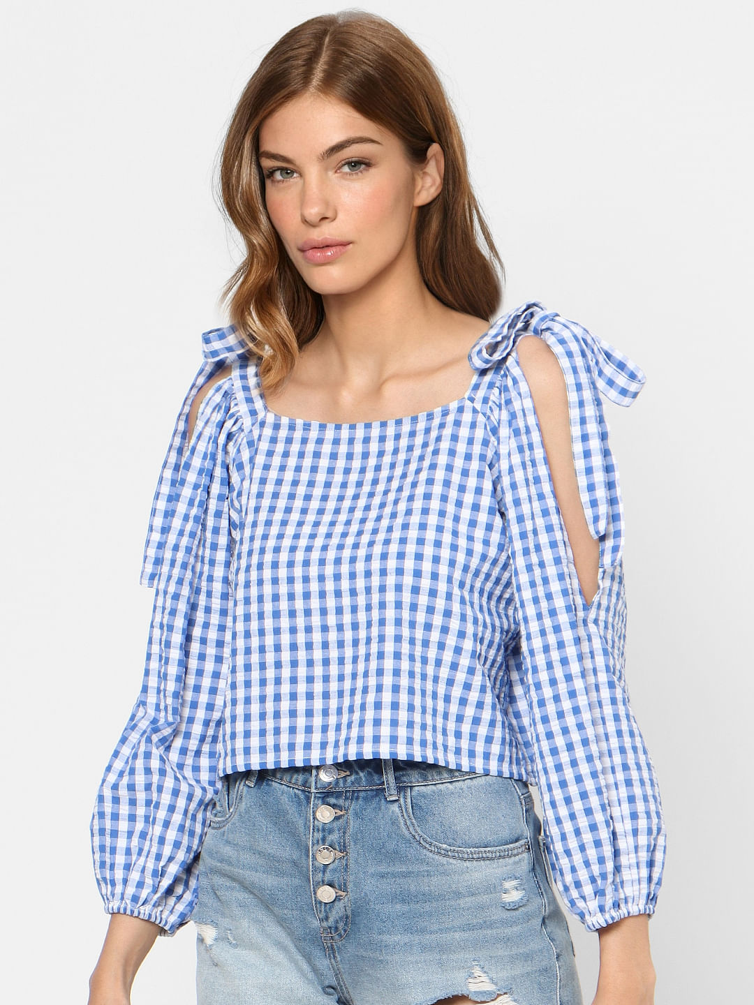 White Check Shoulder Tie Top