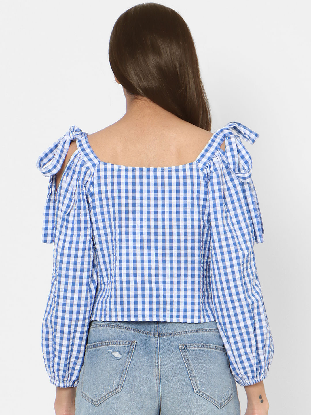 White Check Shoulder Tie Top