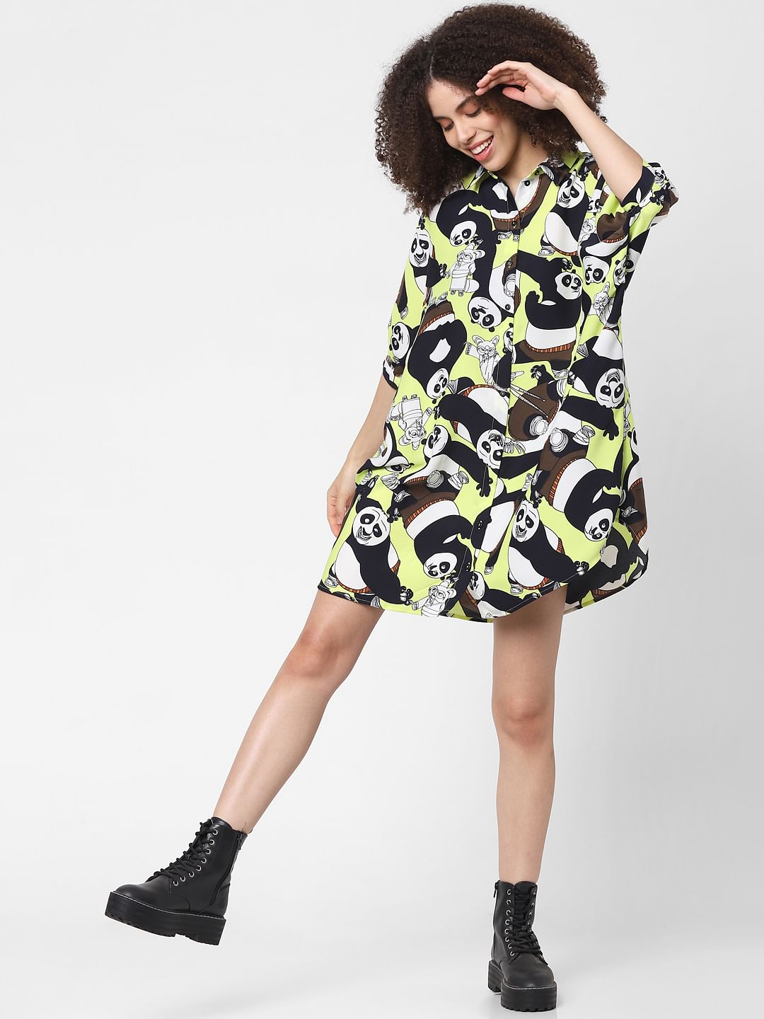 Only X Kung Fu Panda Yellow Graphic Print Shirt Dress
