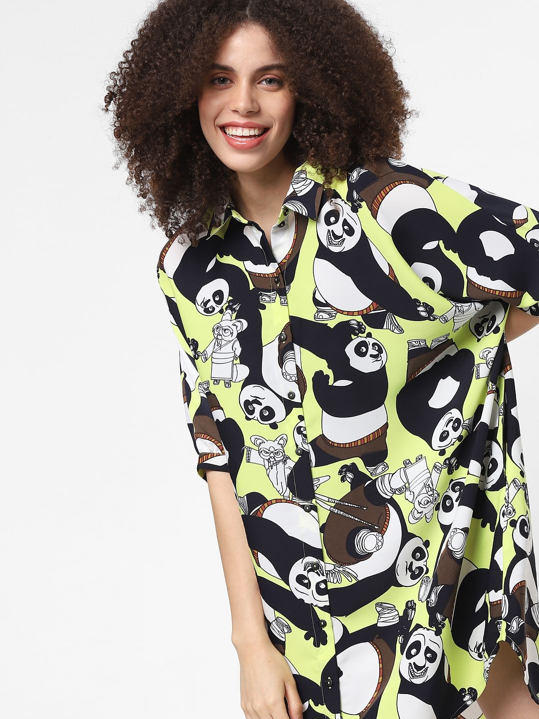 Only X Kung Fu Panda Yellow Graphic Print Shirt Dress