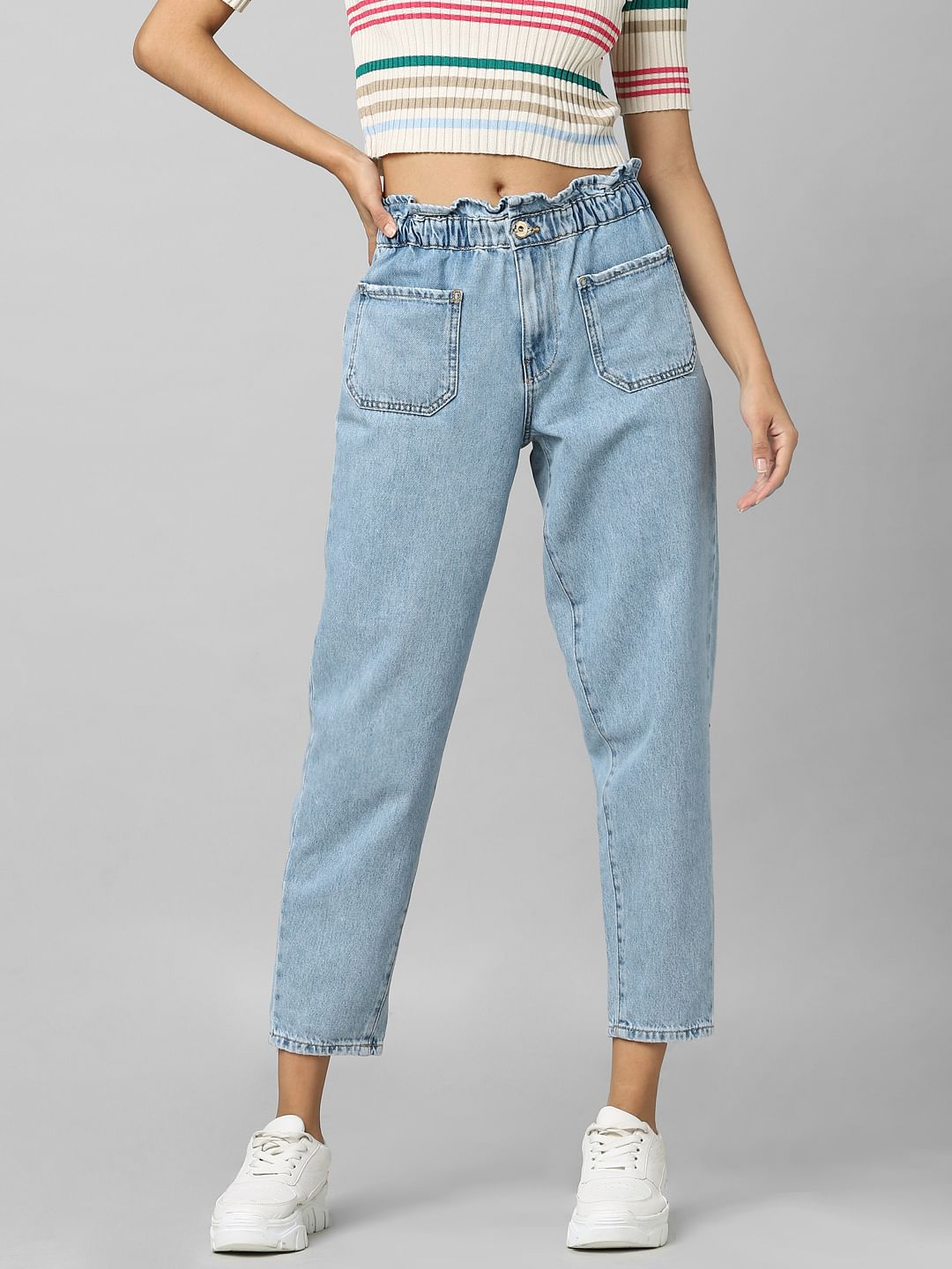 Blue High Rise Paperbag Waist Jeans