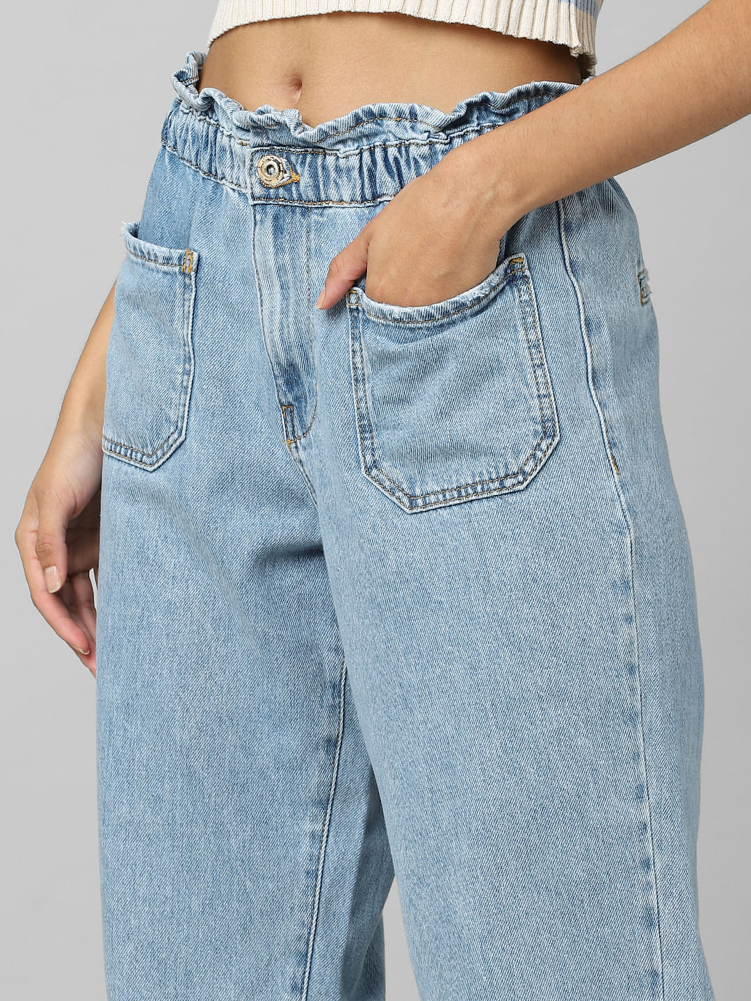 Blue High Rise Paperbag Waist Jeans