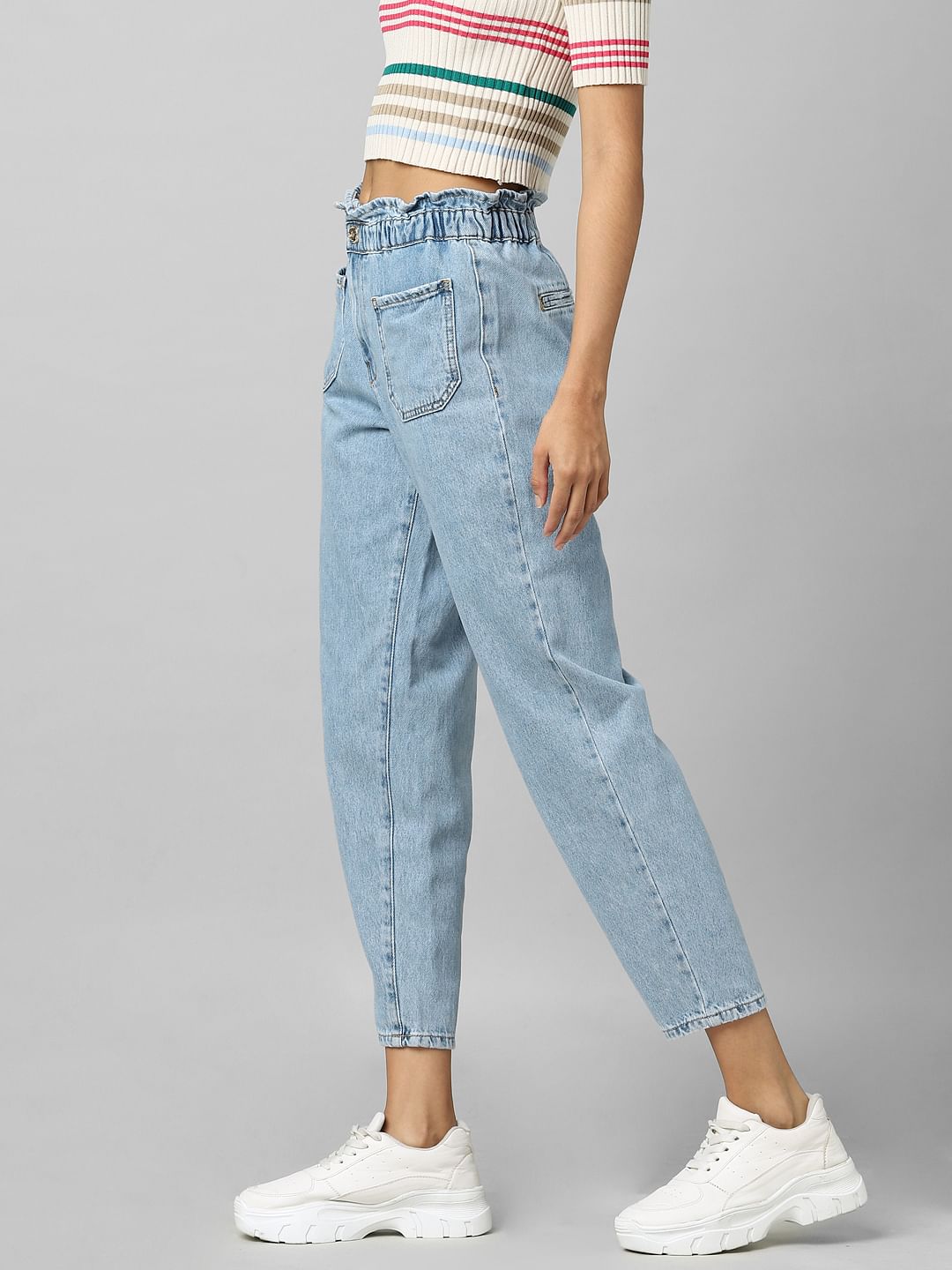 Blue High Rise Paperbag Waist Jeans